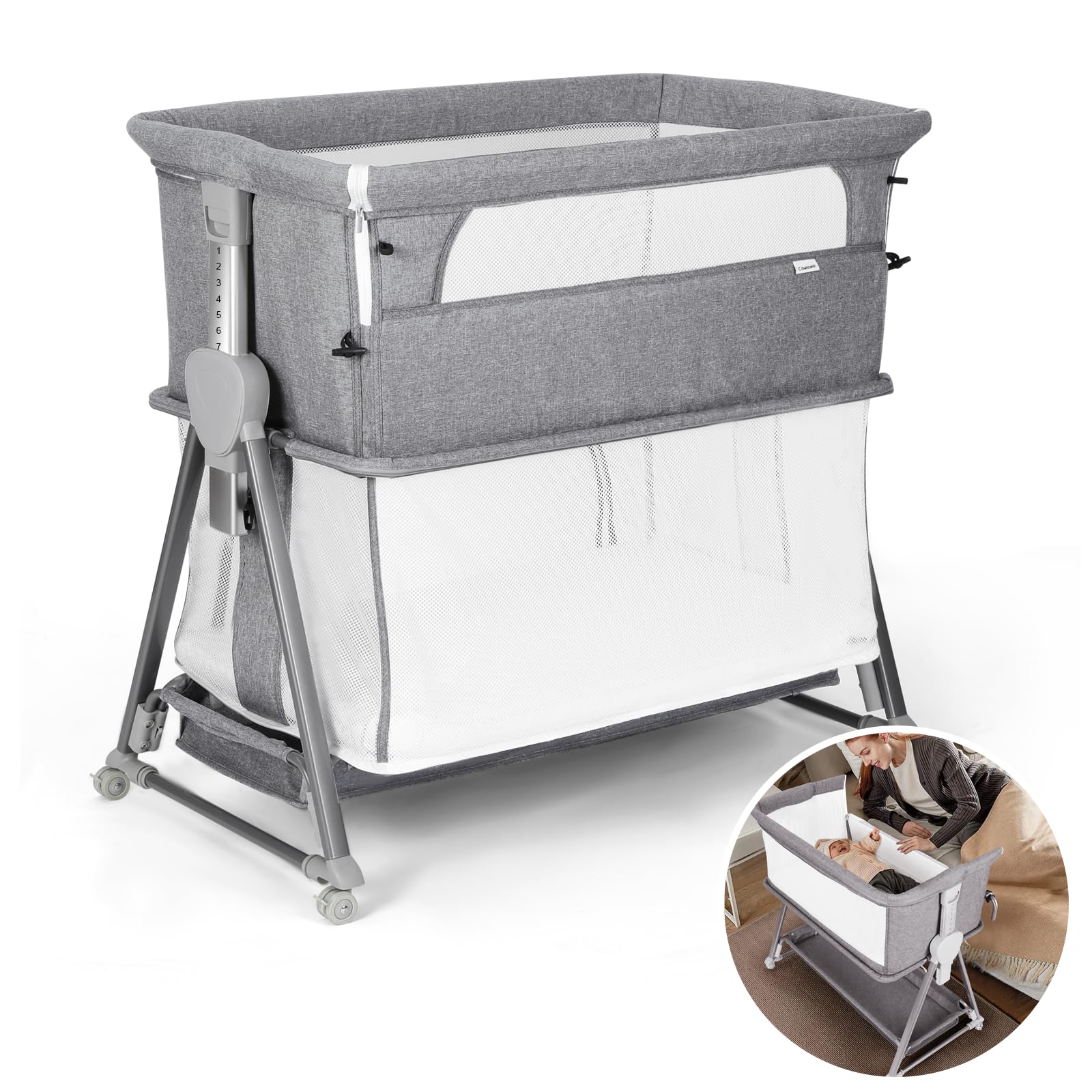 Cowiewie 3 in 1 Baby Bassinet | Playpen | Beside Sleeper Multifunctional Beside Bassinet with Game Mode for Baby Height-Adjustable (Grey)