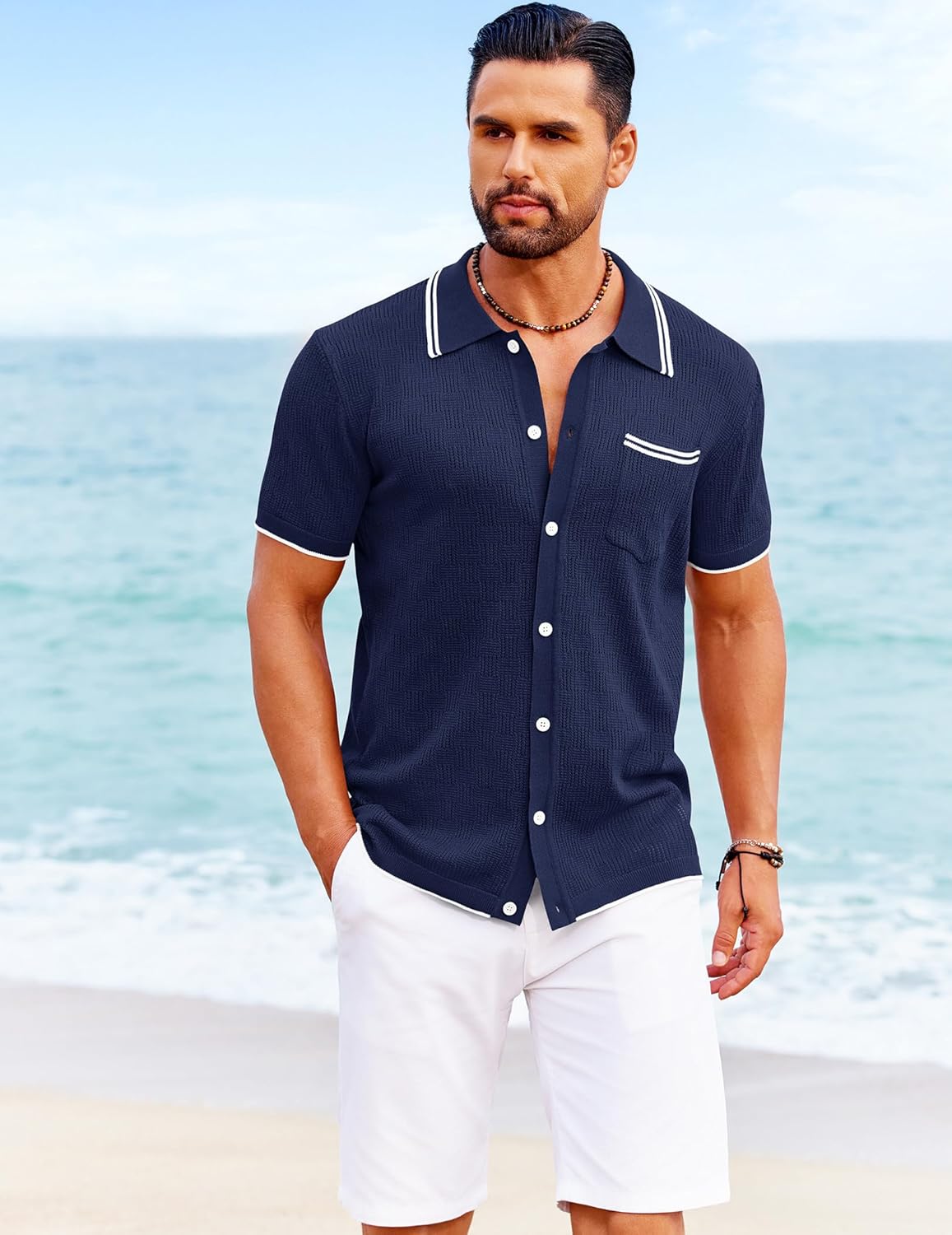COOFANDY Men's Knit Button Down Shirt Vintage Polo Shirts Short Sleeve Summer Beach Shirts - Image 2