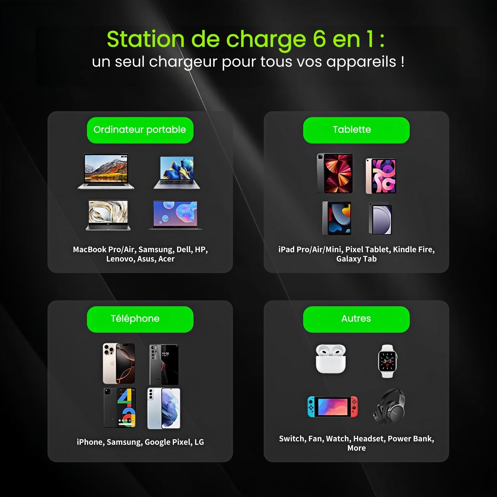 Tour de Charge 6 en 1, Station de Charge GaN 100W avec Chargeur sans Fil Qi2.2 25W, Câble USB-C Rétractable 65W, Port USB-C 65W, HDTV 2.1 8K et Hub USB 3.0