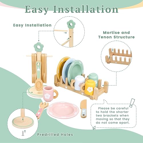 Miniatura 2 de Accesorios de cocina de madera para niños pequeños de 3 años en adelante, 22 piezas de cocina para niños con lindo estante para cubiertos y estante