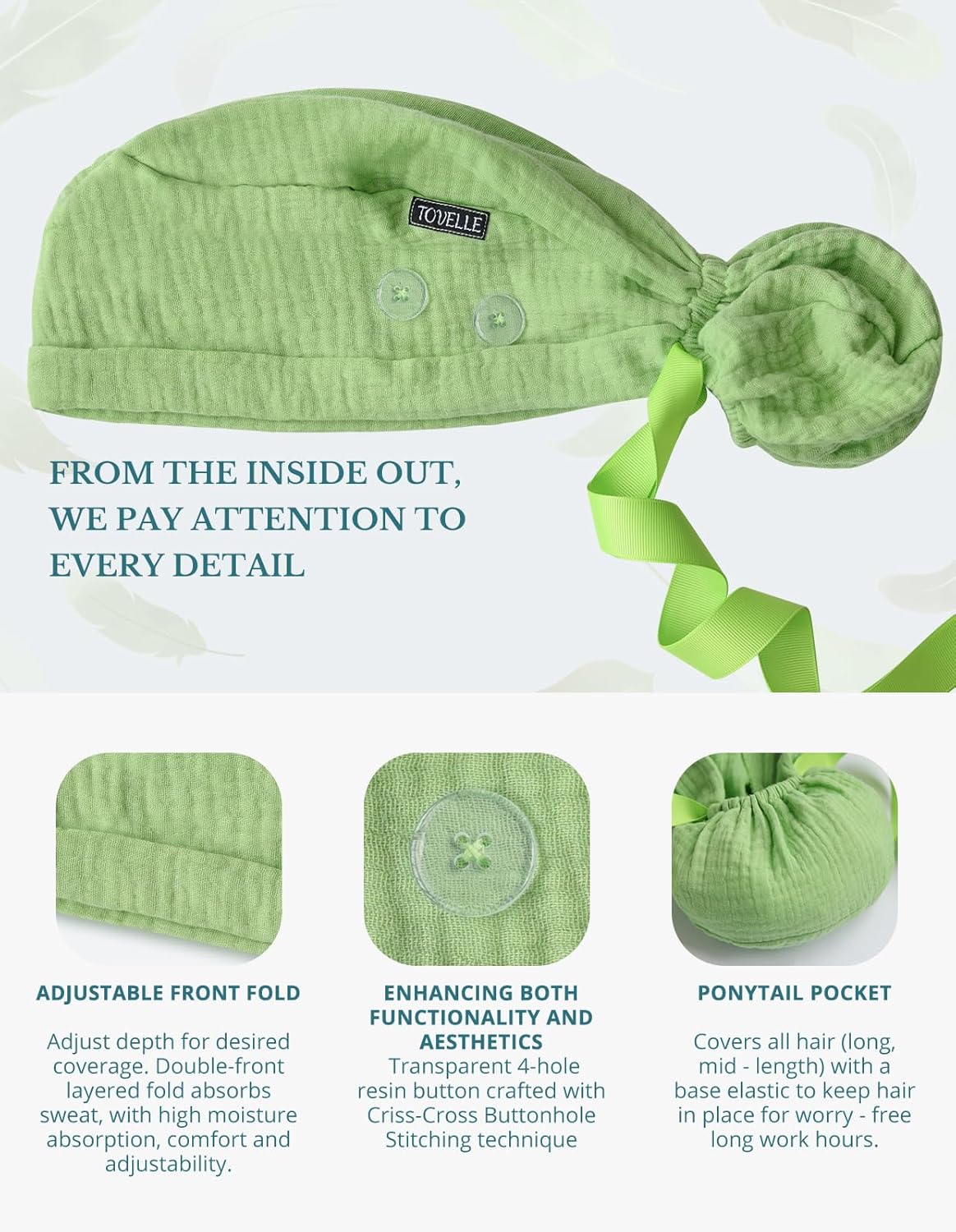Ponytail Scrub Cap for Women – Solid Fresh Green Surgical Cap with Buttons, Cotton Ponytail Scrub Caps, Adjustable Surgical Hat for Women to Secure Long Hair - Image 2