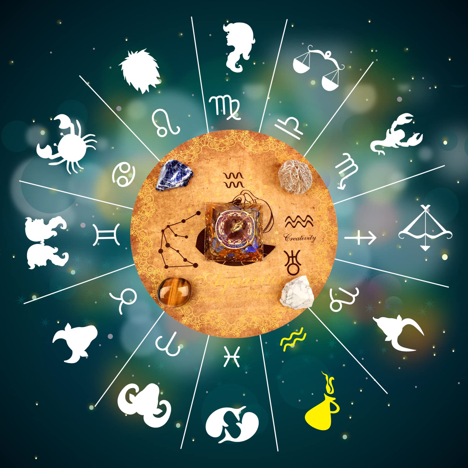 Horoscope Orgone Pyramide ，Coffret de cristaux de guérison Aquarius ，Pierres du signe du zodiaque pour accompagner la pierre de naissance, pour l'astrologie ，Reiki，Générateur d'énergie, Méditation