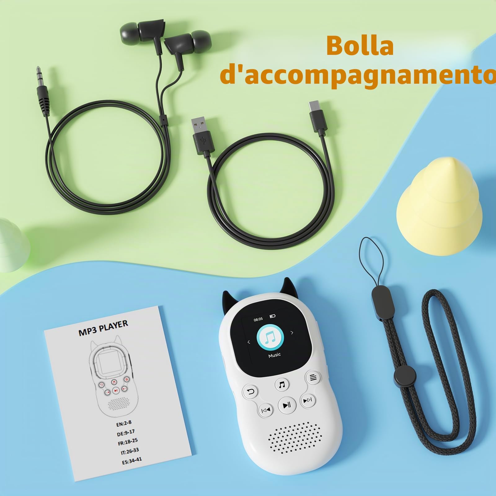 64 GB Lettore MP3 Bluetooth 5.3 per bambini, altoparlanti, lettore musicale con radio FM, sveglia, riproduzione di brani con un clic, batteria da 750 mAh, qualità audio HiFi, cordino gratuito