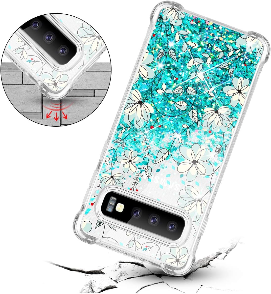 Caka Case for Galaxy S10 Floral Glitter Case Flower Pattern Series Luxury Fashion Bling Flowing Liquid Floating Sparkle Glitter Soft TPU Case for Samsung Galaxy S10 (Teal Vine)