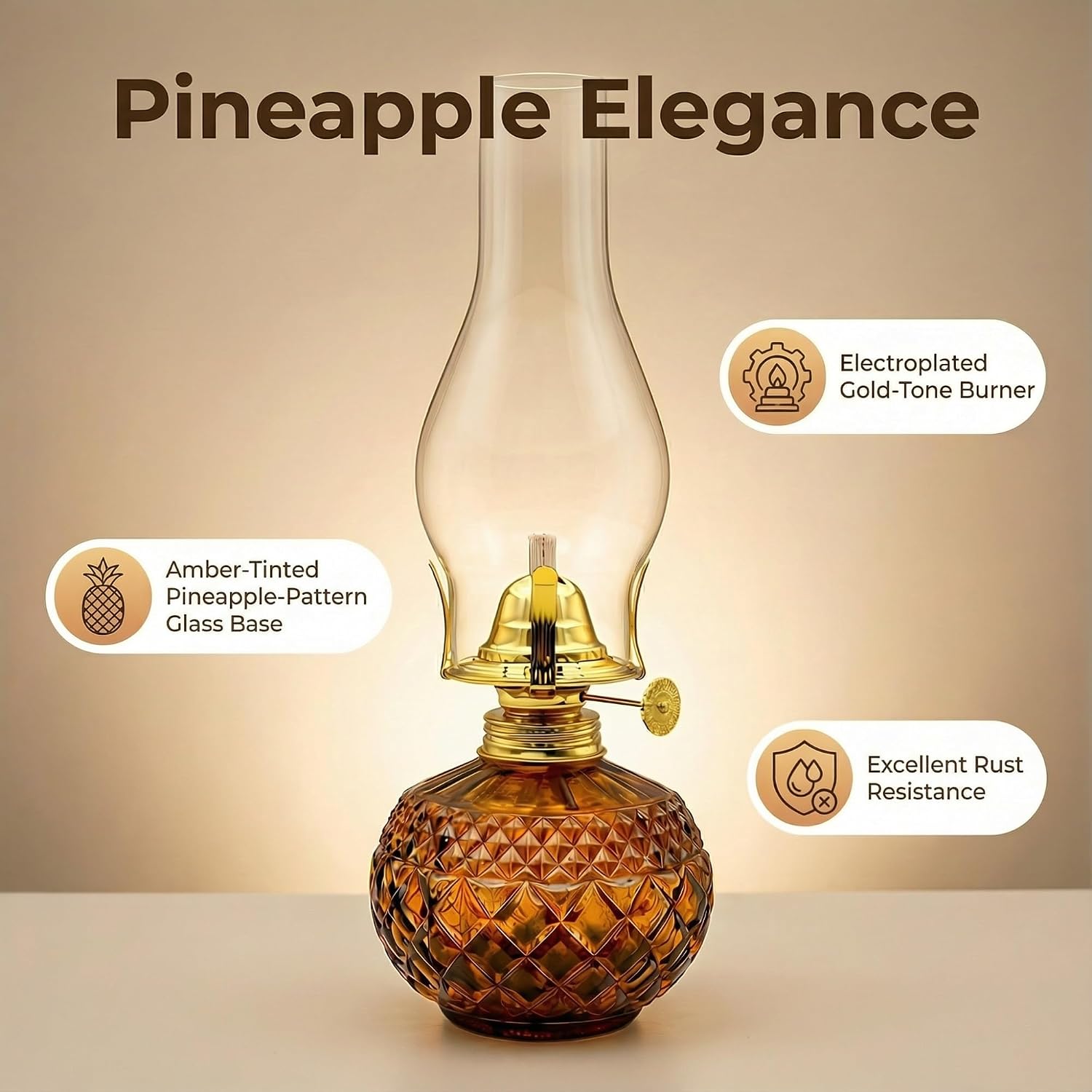 Glass Chamber Oil Lamp – Vintage Glass Kerosene Hurricane Lantern with Adjustable Wick, Rustic Indoor Tabletop Decor for Farmhouse Cabin Home, Emergency Light(Brown)