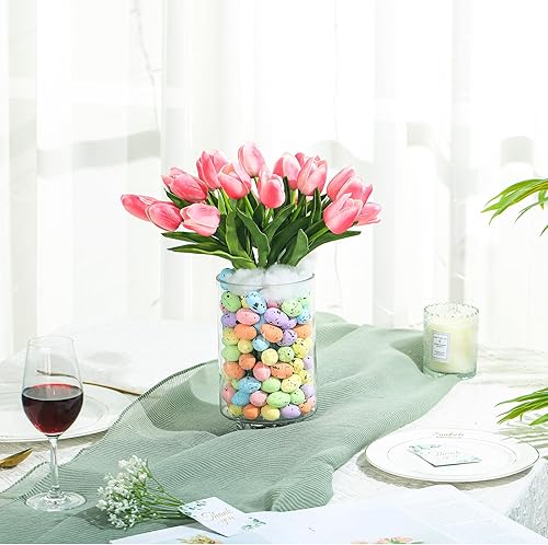 Miniatura 5 de Sunnychicc Centro de mesa de tulipanes de flores de Pascua con jarrón, incluye 20 tulipanes artificiales, 120 huevos de Pascua, 2 jarrones de