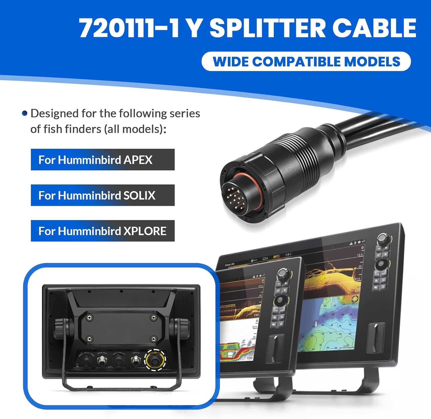14 M ID SIDB Y Splitter Cable 720111-1 for Humminbird SOLIX/APEX/XPLORE Fish Finders, Connects Side Imaging & 2D Transducers, Supports Airmar Transducer ID, 30-Inch Marine-Grade Y Splitter Cable