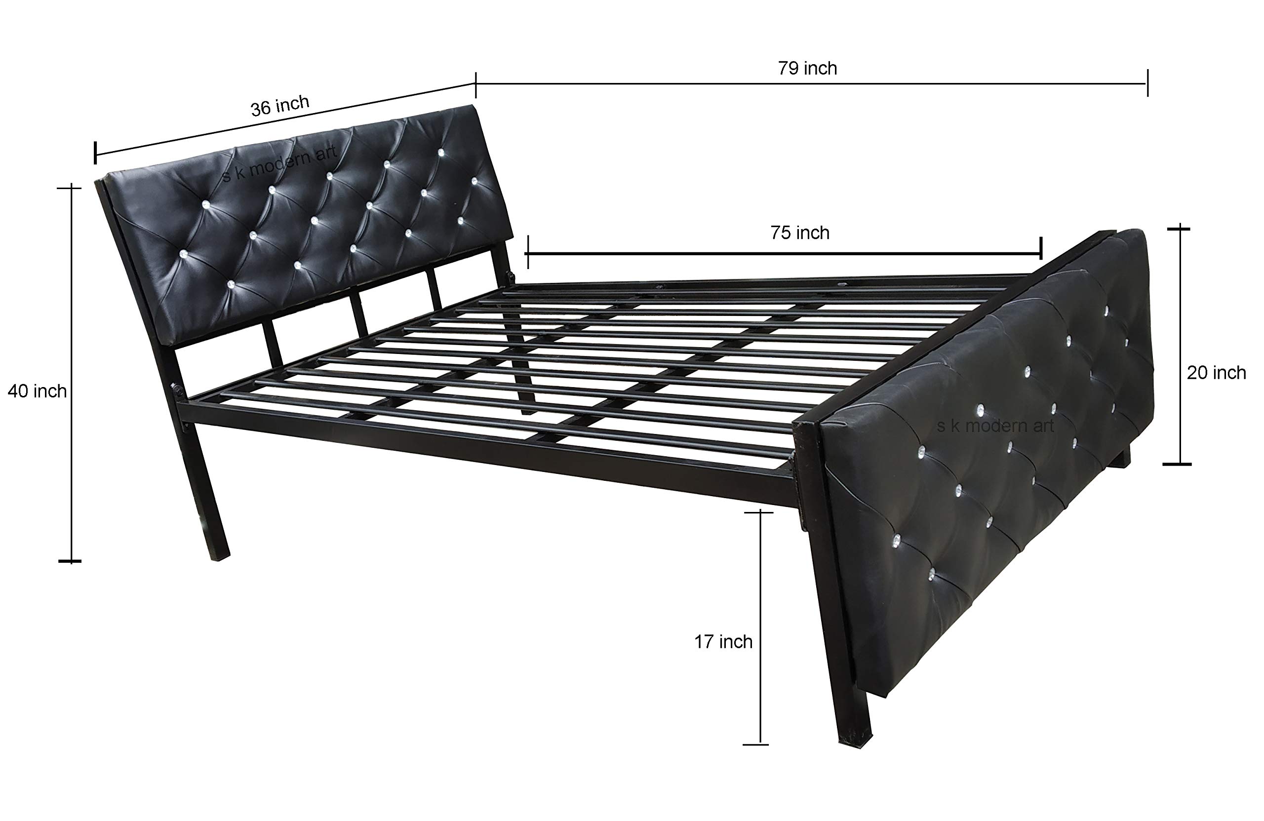S. K. MODERN ART Wrought Iron Black Powder Coated Bed (3 X 6.25 Feet, Design 8 with Black Cushion in headboard and Leg Board)