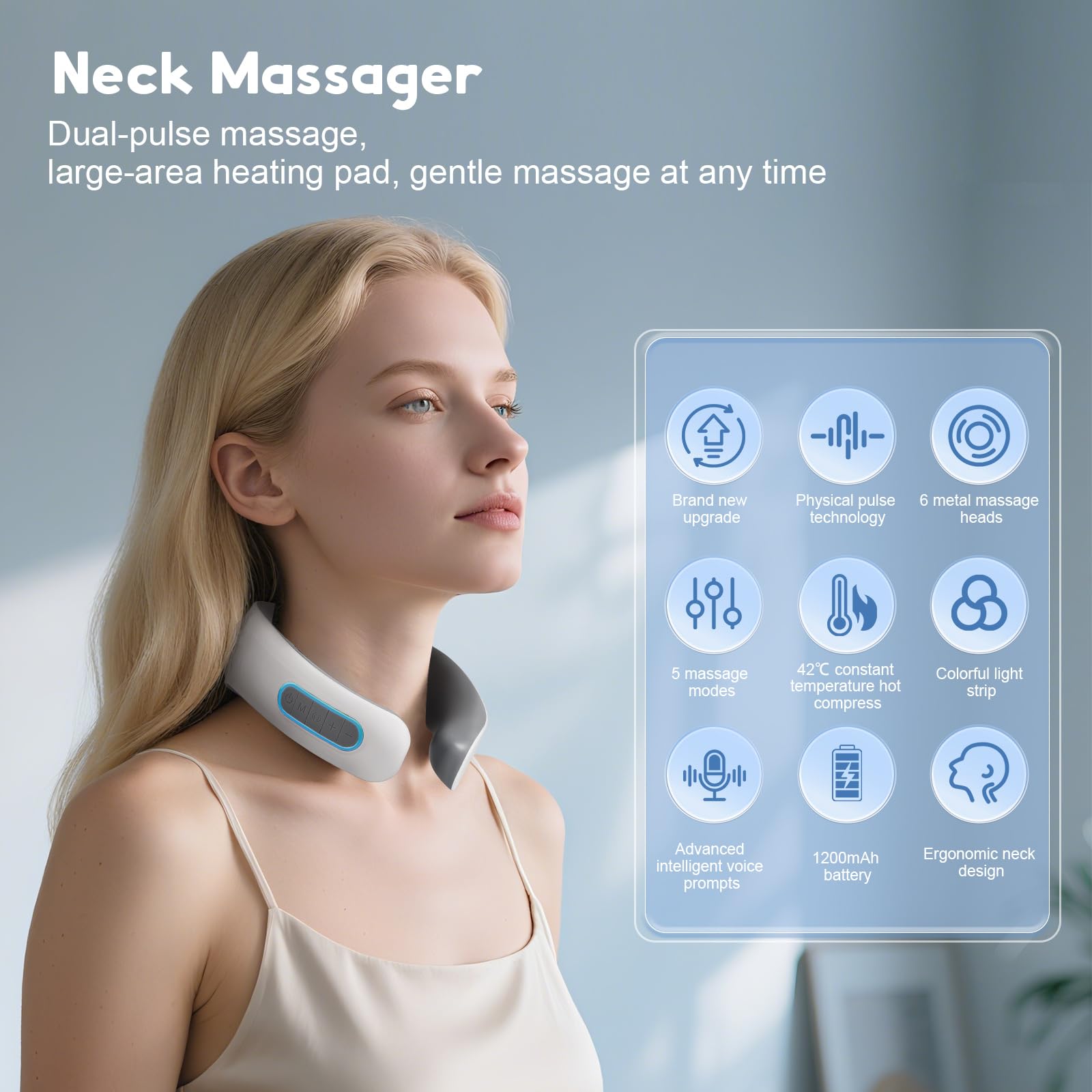 Massaggiatore per il collo, massaggiatore per il collo wireless con 15 livelli di intensità e 5 modalità, controllo vocale intelligente, massaggiatore portatile per casa, ufficio e viaggi