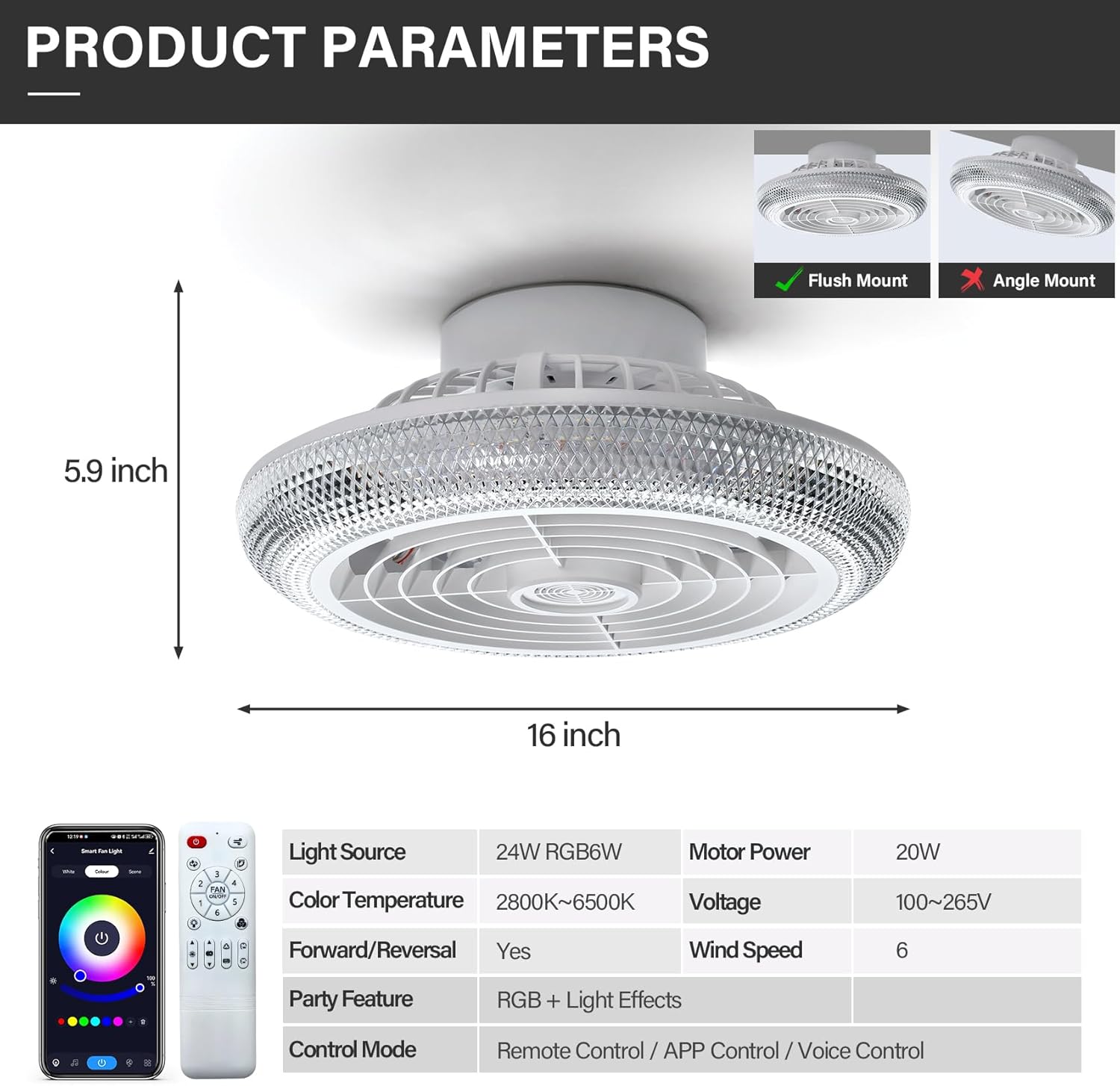 Remote control and product parameters for TCFUNDY ceiling fan