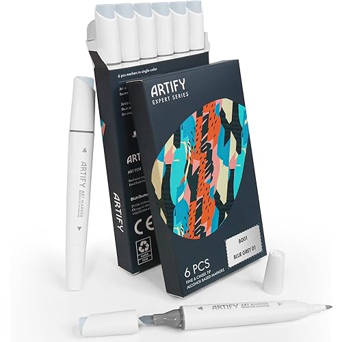 ARTIFY 6 Pcs Alcohol Markers, Fine & Broad Dual Tips Professional Artist Markers, Drawing Marker Set for Adult Coloring and Drawing Media for Beginner or Experienced Artists (Blue Grey 01)