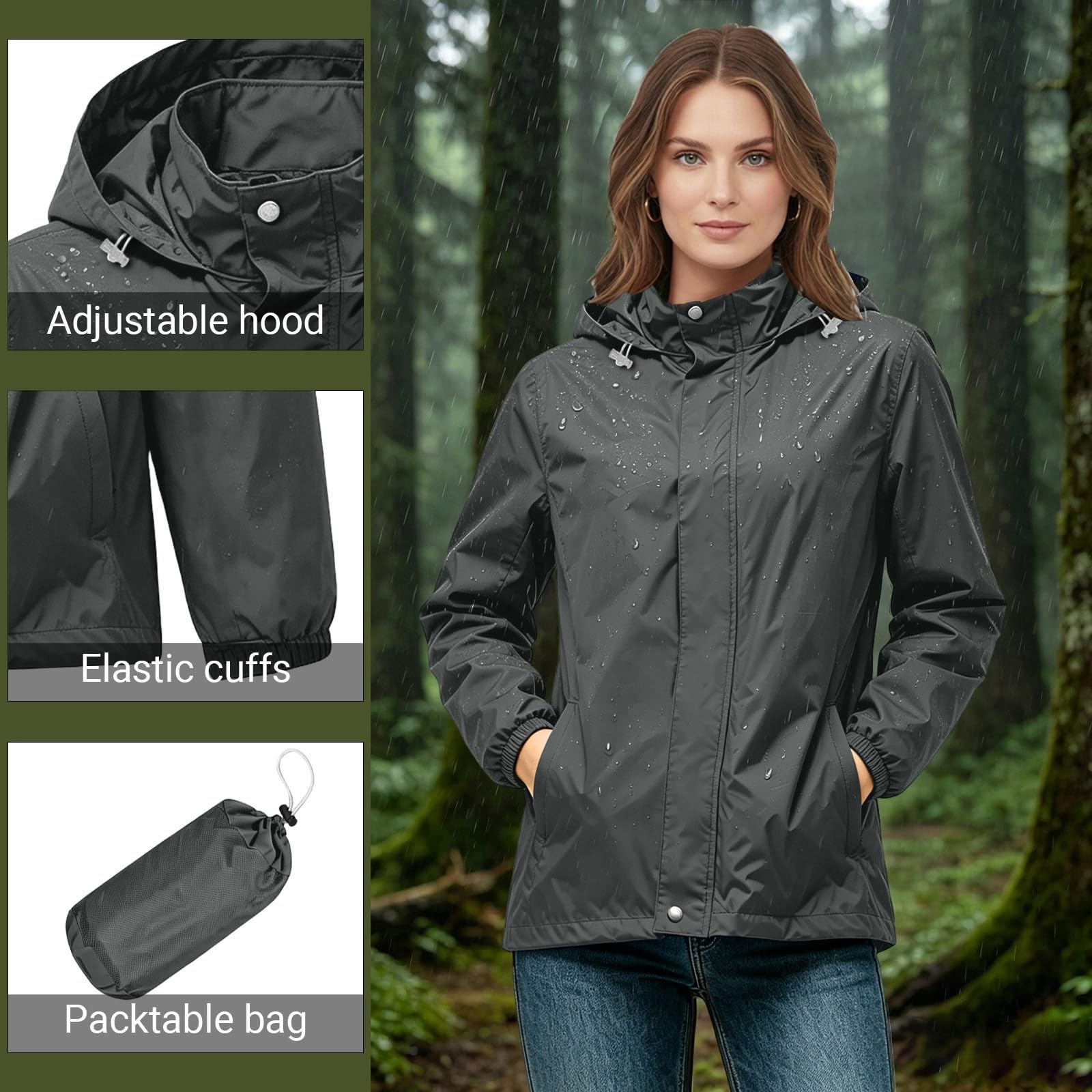 Generisch Chaqueta de lluvia para mujer, impermeable, plegable, con capucha, ligera, chaqueta de entretiempo, para deportes al aire libre, chaqueta de otoño para moto, chaqueta softshell para