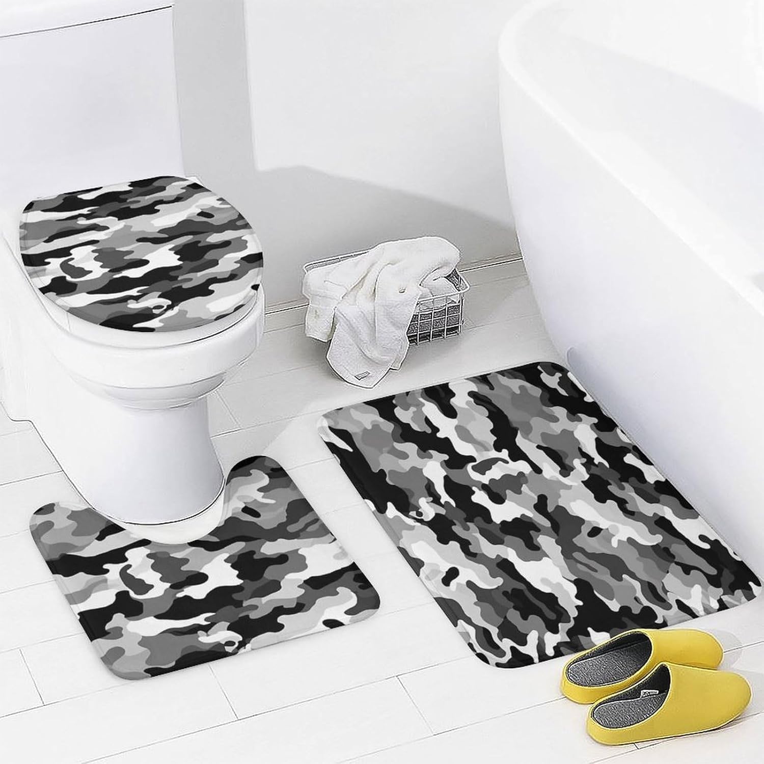 Four Piece Bathroom Set with Toilet Lid Cover and Non-Slip Rugs Minimalist Shower Curtain for Bathroom Set