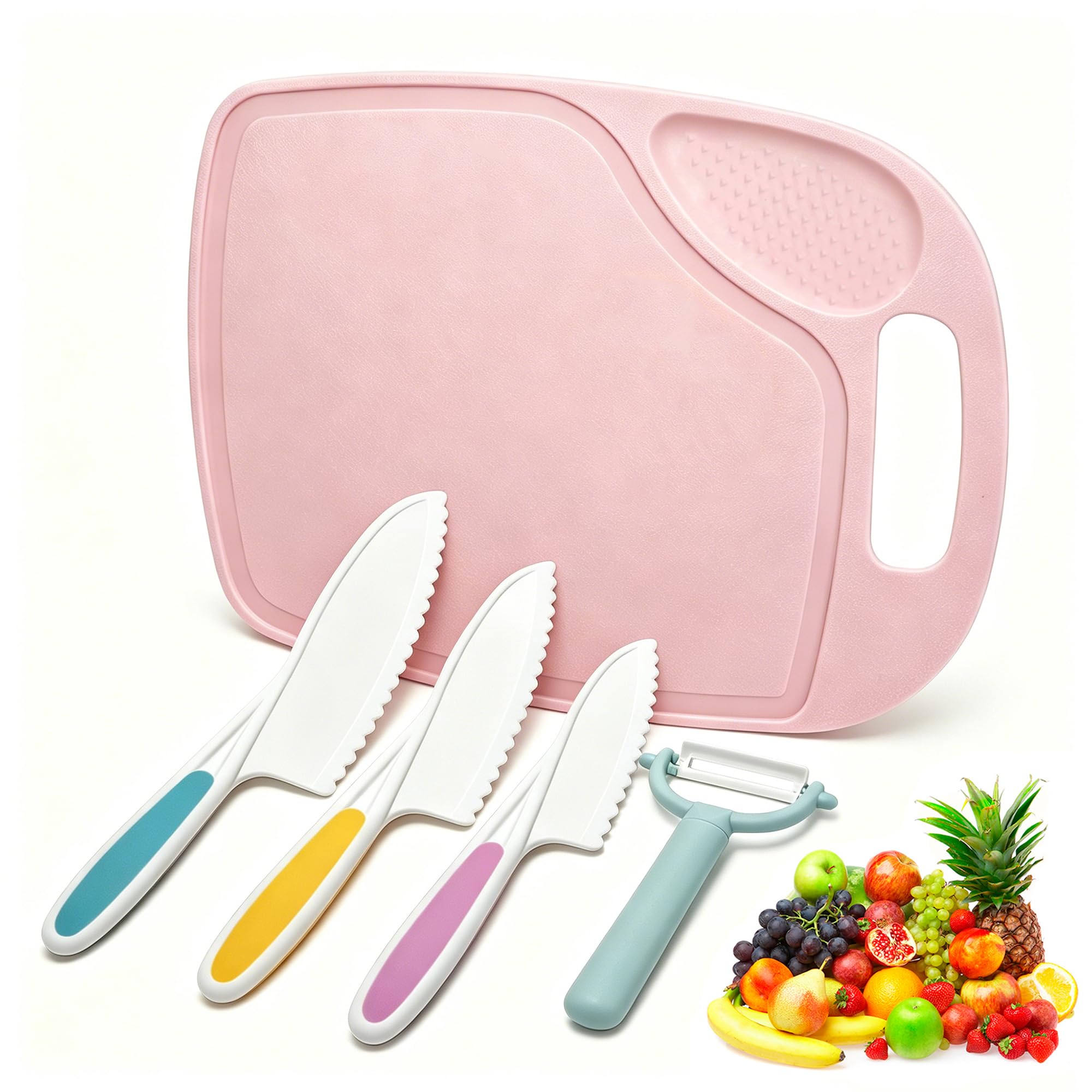 FACATH Plastic Fruit Knife Set with Cutting Board & Peeler: 5-Piece Safe Nylon Food-Grade Kitchen Kit for Safe Fruit & Veg Prep, Serrated Edges Lettuce Knife for Fruit, Bread, Cake, Salad