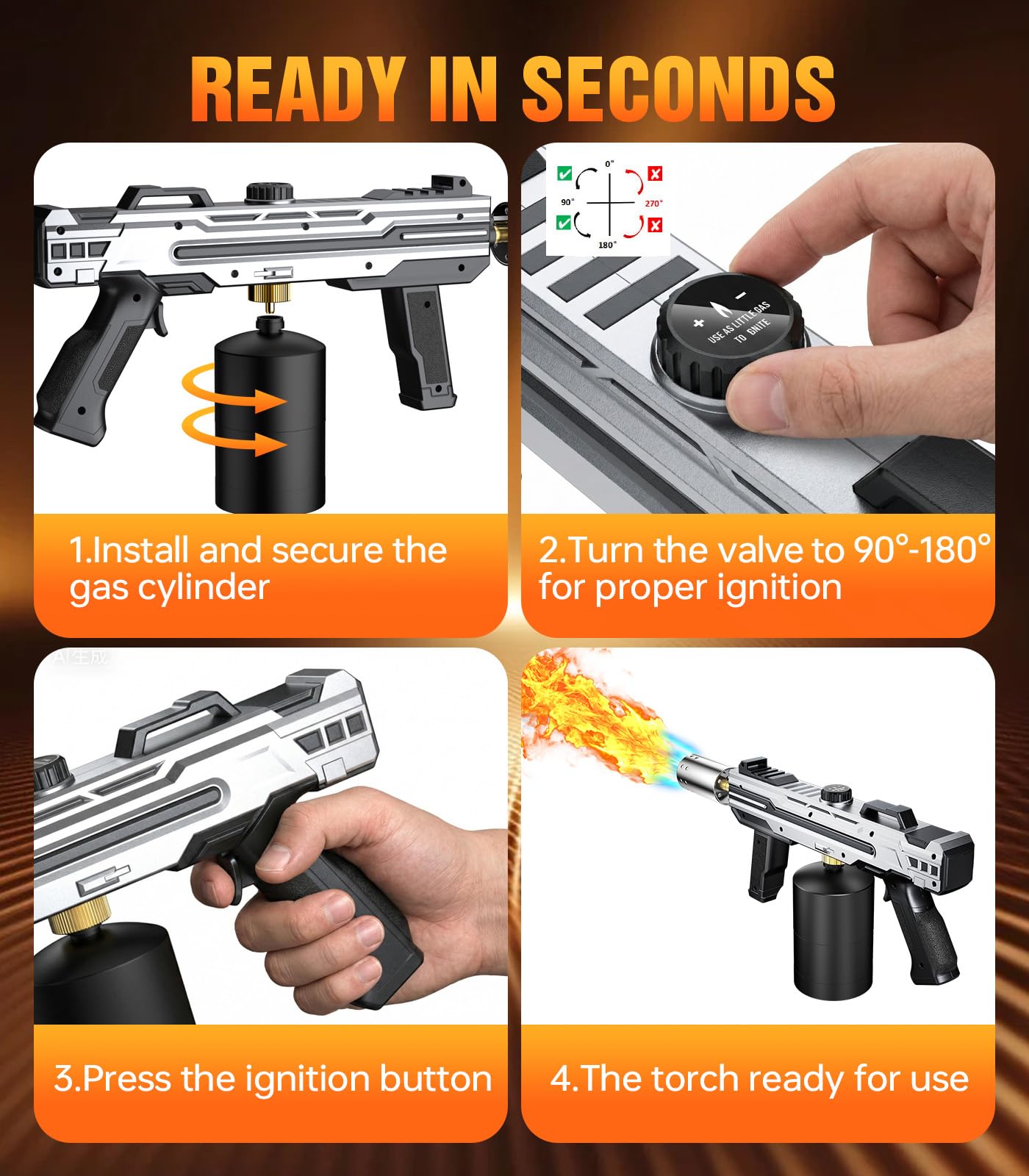 Potente pistola de antorcha para parrilla, soplete ajustable para barbacoa, camping, encendedor de carbón y encendedor de fuego, tanque no incluido (plateado)
