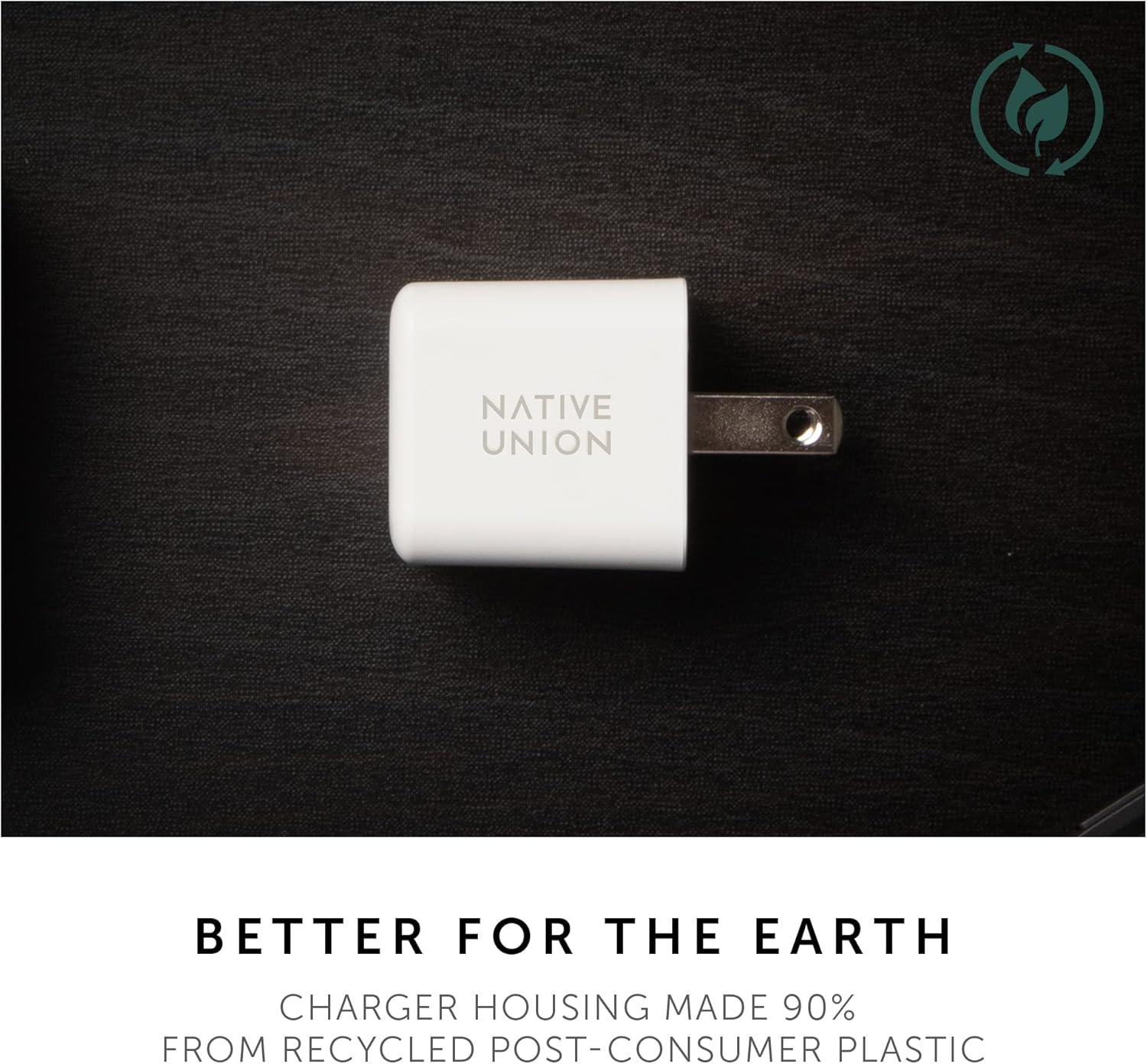 Native Union Fast GaN Charger on a dark surface, with a recycled materials icon in the corner