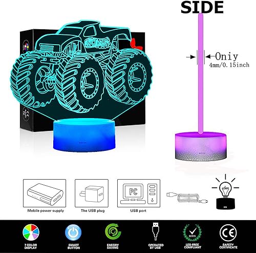 Miniatura 4 de Lámpara de ilusión LED 3D Monster Truck para niños, lámpara de noche para dormitorio, decoración de habitación de niños, luces nocturnas para niños,