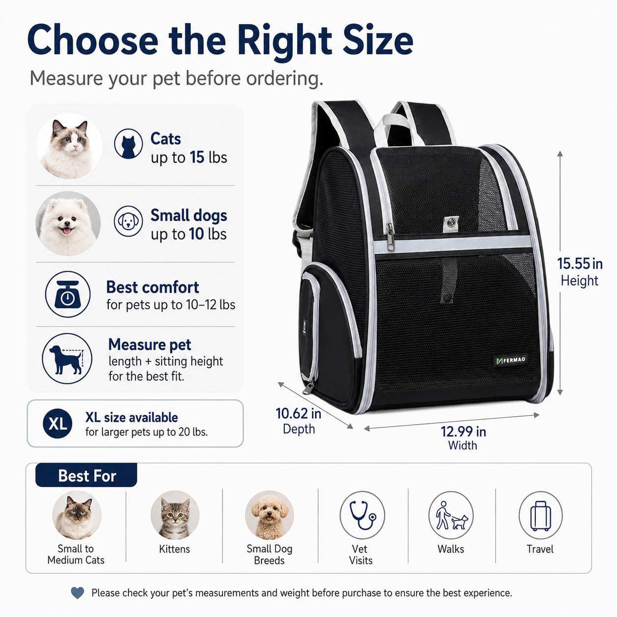 Sac à dos de transport pour chiens et chats, sac à dos portable pliable idéal pour la randonnée, le camping en plein air, le transport vétérinaire, peut contenir des animaux jusqu'à 6,8 kg (noir)