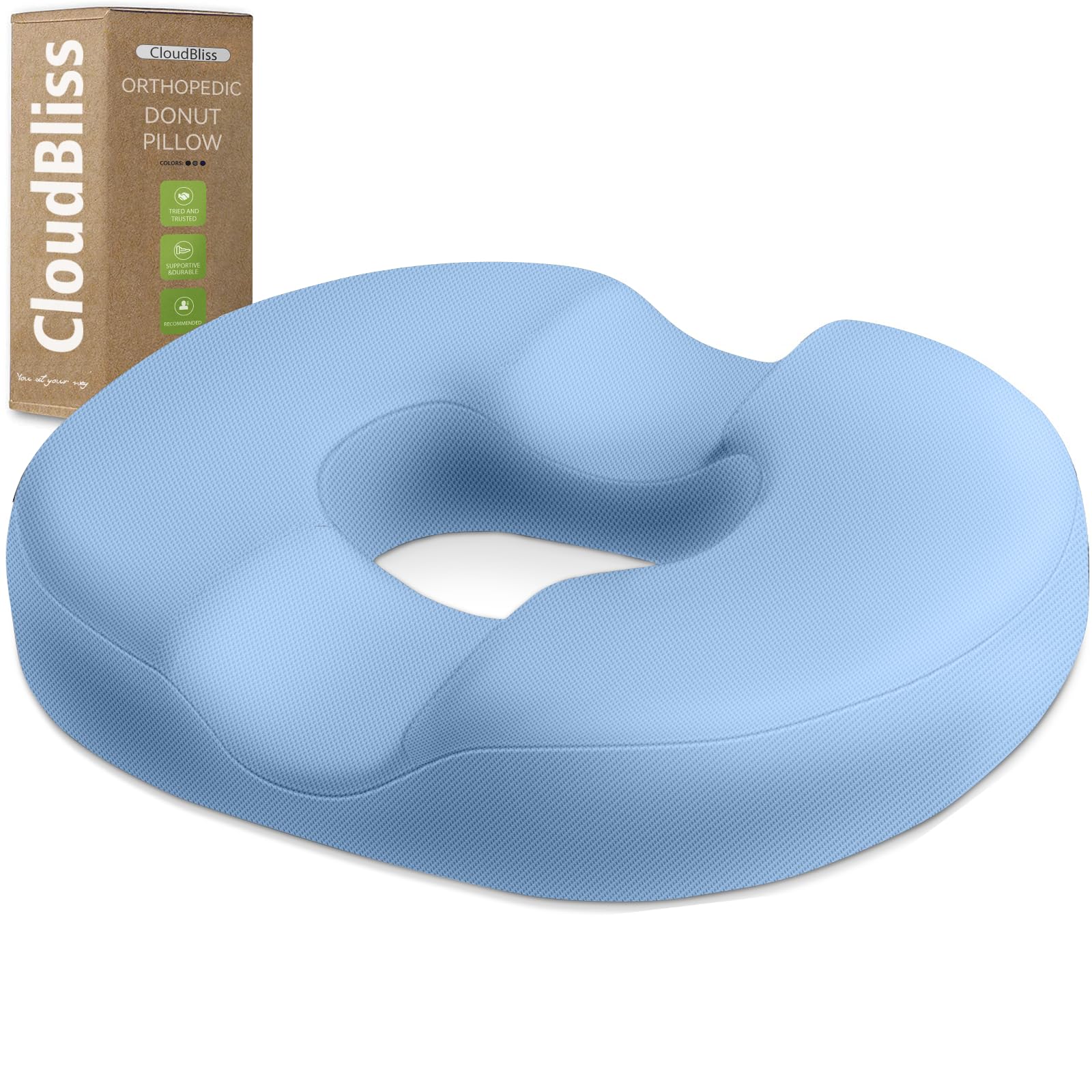 CloudBliss Donut Pillow Stadium Seat Cushion for Tailbone Pain Relief and Hemorrhoids, Memory Foam Seat Chair Cushion, Portable Seat Cushions for Bleachers, Car, Home &amp; Office