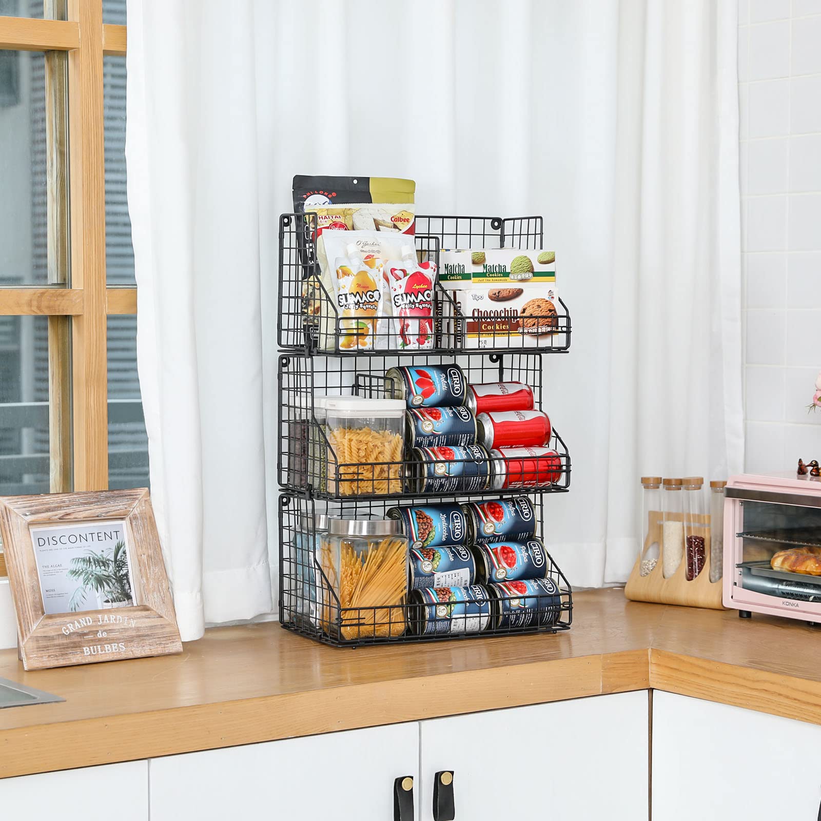 X-cosrack 3 Tier Large Stackable Wire Baskets for Pantry Organizers and Storage, Food Packet Storage with 5 Removable Dividers, Multifunctional Pantry Baskets for Snack Spice Canned Food, Black