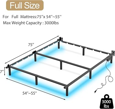 Full Size Bed Frame with LED Lights 7 Inch Platform Bed Frame Thick Basics Bed Base for Box Spring & Mattress Foundations,Adjustable Length,Noise Free,Tools Free (7 Inch, Full)