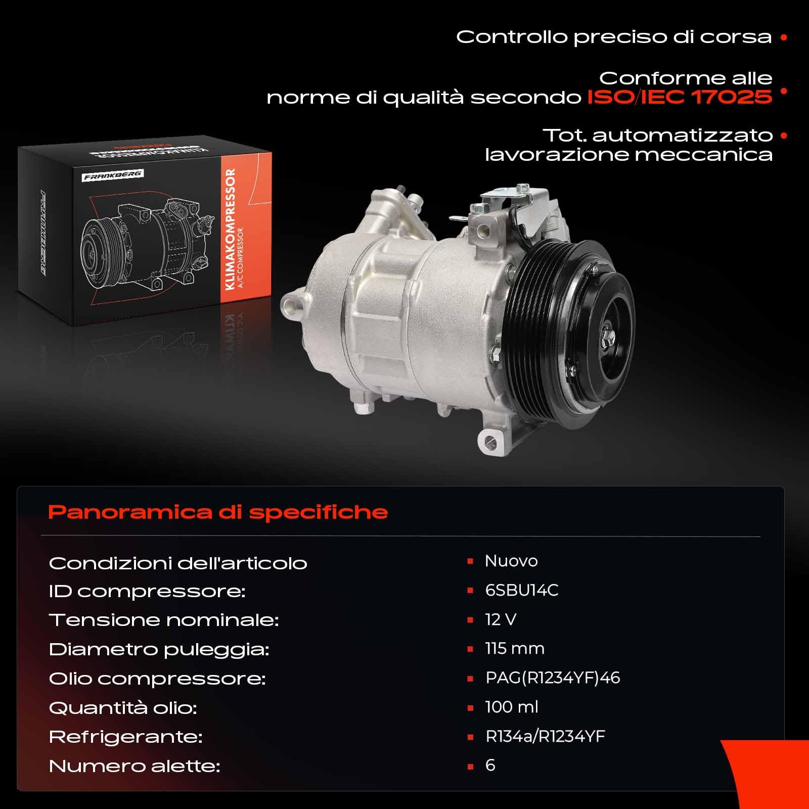 Frankberg Compressore per aria condizionata con frizione 51936675 | Compatibile con: 500X 334, Renegade Van B1 BU, Renegade SUV B1 BU BV