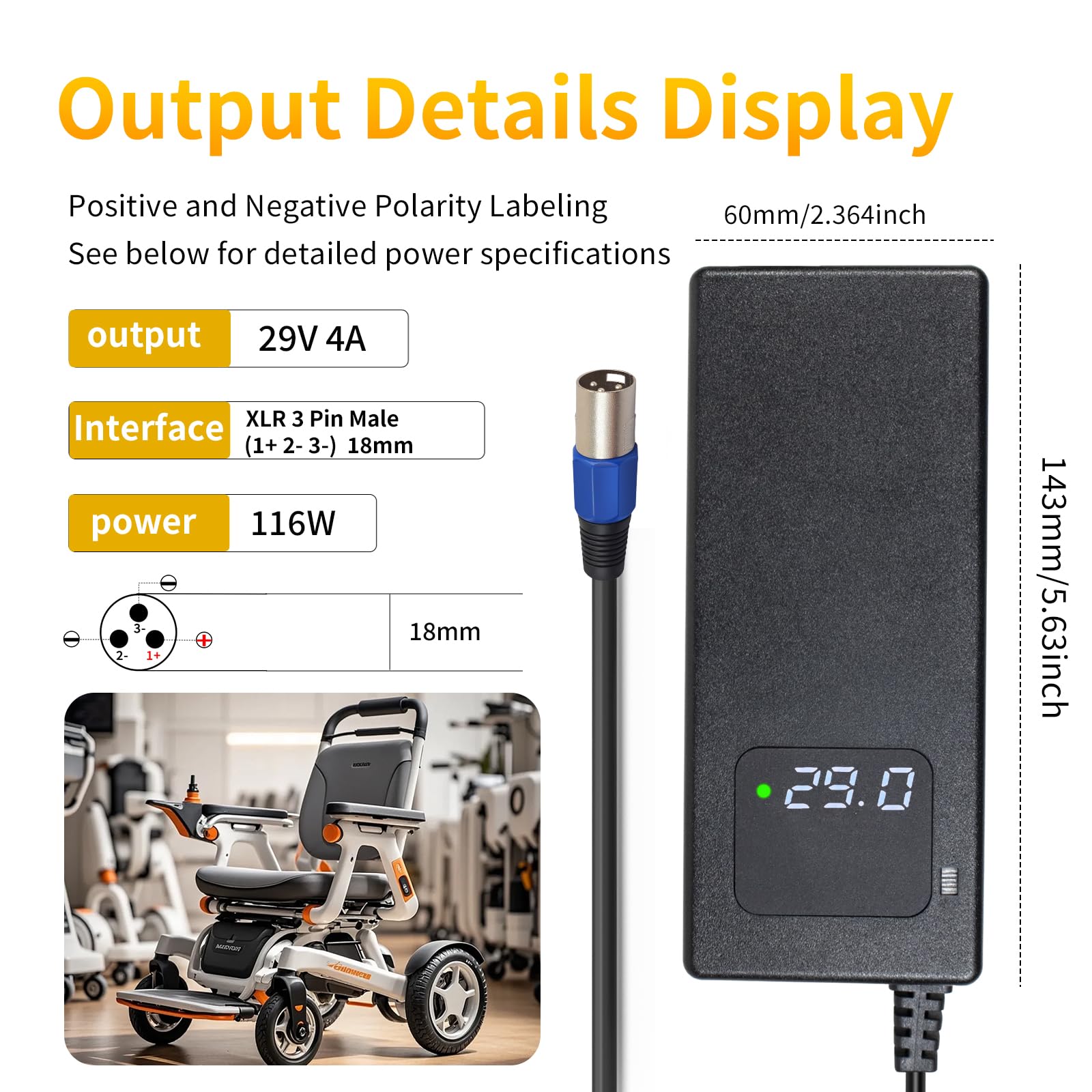 Cargador de batería 24 V Plomo 29 V 4 A XLR - Cargador para silla de ruedas eléctrica con pantalla LED de tensión