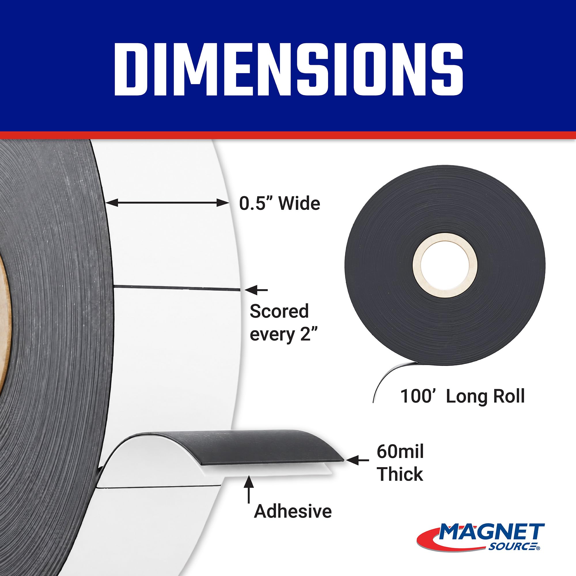 Master Magnetics ZG10A-ASC2BX Bande magnétique flexible avec dos adhésif, 0,6 cm d'épaisseur, 1,27 cm de large, 100 m de coupe tous les 5,1 cm avec des pièces de 594-1/2" x 5,1 cm (1 rouleau)