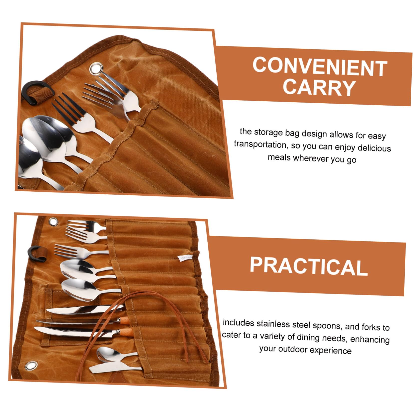 Set di Posate da Campeggio 3 Persone con Borsa Marrone | Acciaio Inossidabile, Nailon e Canvas, per Picnic e Uscite All’aperto, Include Cucchiai e Forchette