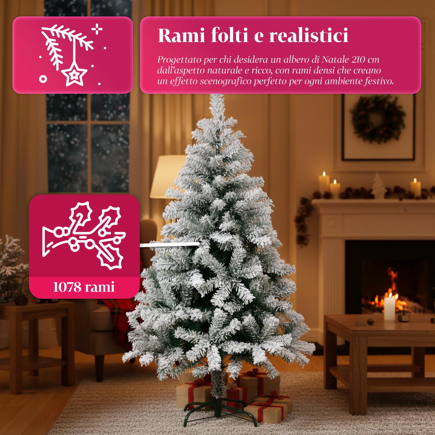 Albero di Natale Artificiale Innevato di 210 cm con 1078 Rami. Perfetto per Interni, Pronto per Essere Decorato con Luci e Ornamenti Natalizi con Base in Metallo e Innesto Facile Ø 110 cm