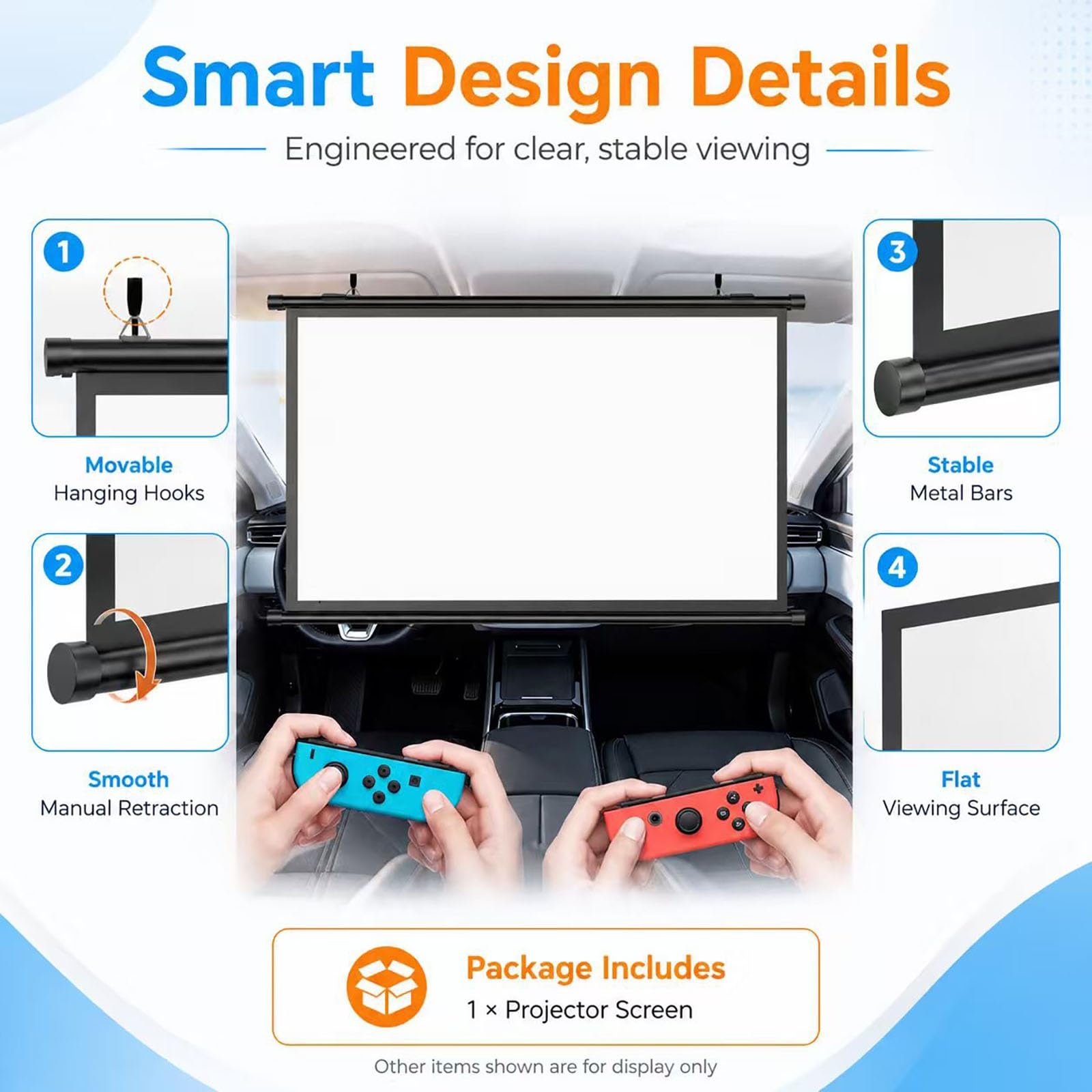 Mini Schermo di Proiezione Manuale Retrattile per Auto e SUV, Schermo Portatile per Proiettore Formato Ridotto 16:9, 4K HD, Ideale per Auto, Viaggi e Campeggio