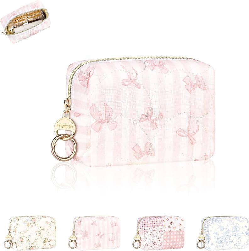 Necessaire pequena acolchoada Playexen com zíper e argola, XS-Hearts+Bow
