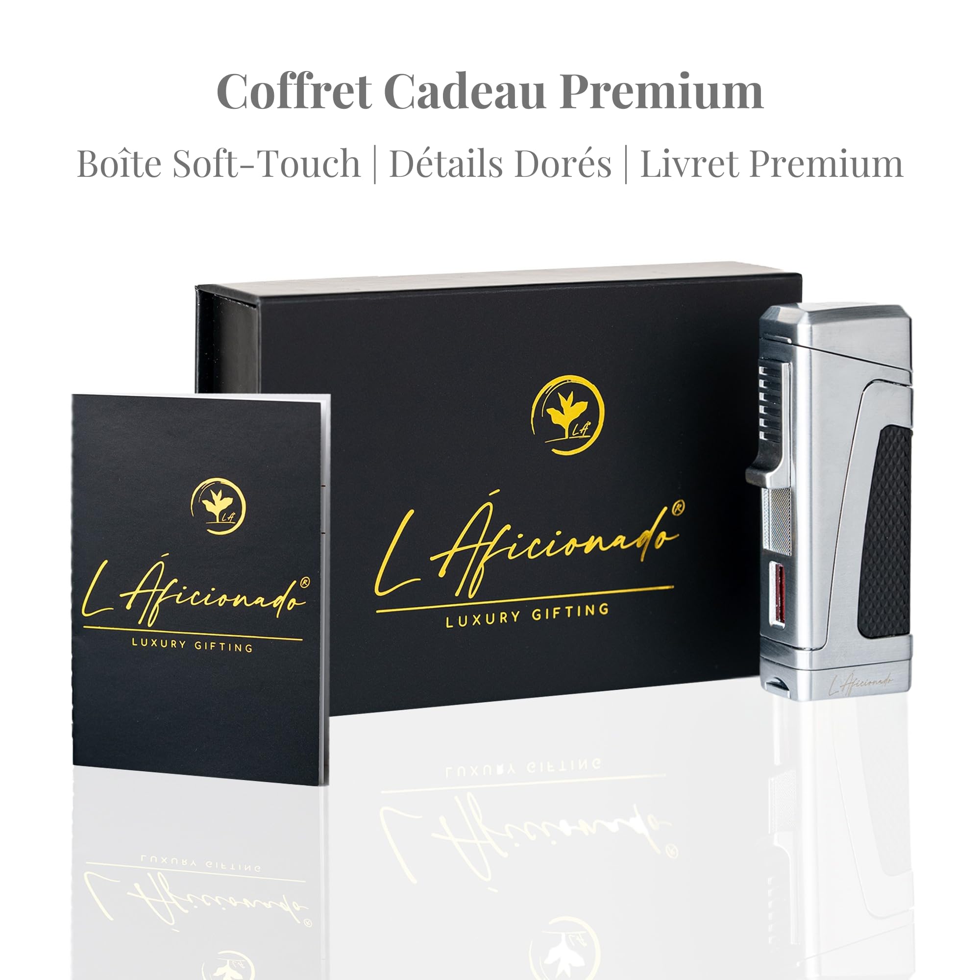 Trinitá by L Áficionado® | Briquet Tempête de Luxe | Cadeau pour Homme | Rechargeable Butane | Coffret Cadeau Premium | Assistance à Vie | Noir Satiné (Argent Platine)