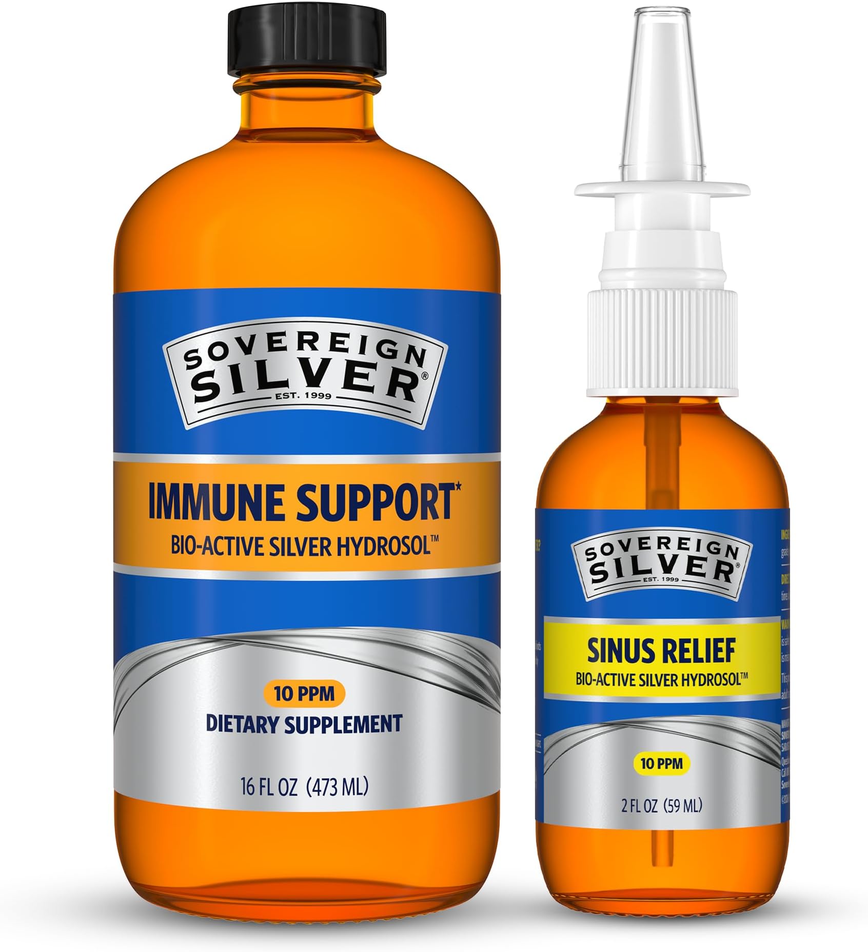 Immune Support + Natural Nasal Spray Bundle, Colloidal Silver Bio-Active Hydrosol 10 PPM, 16 Fl Oz Immune Support & 2 Fl Oz Sinus Care Duo Pack
