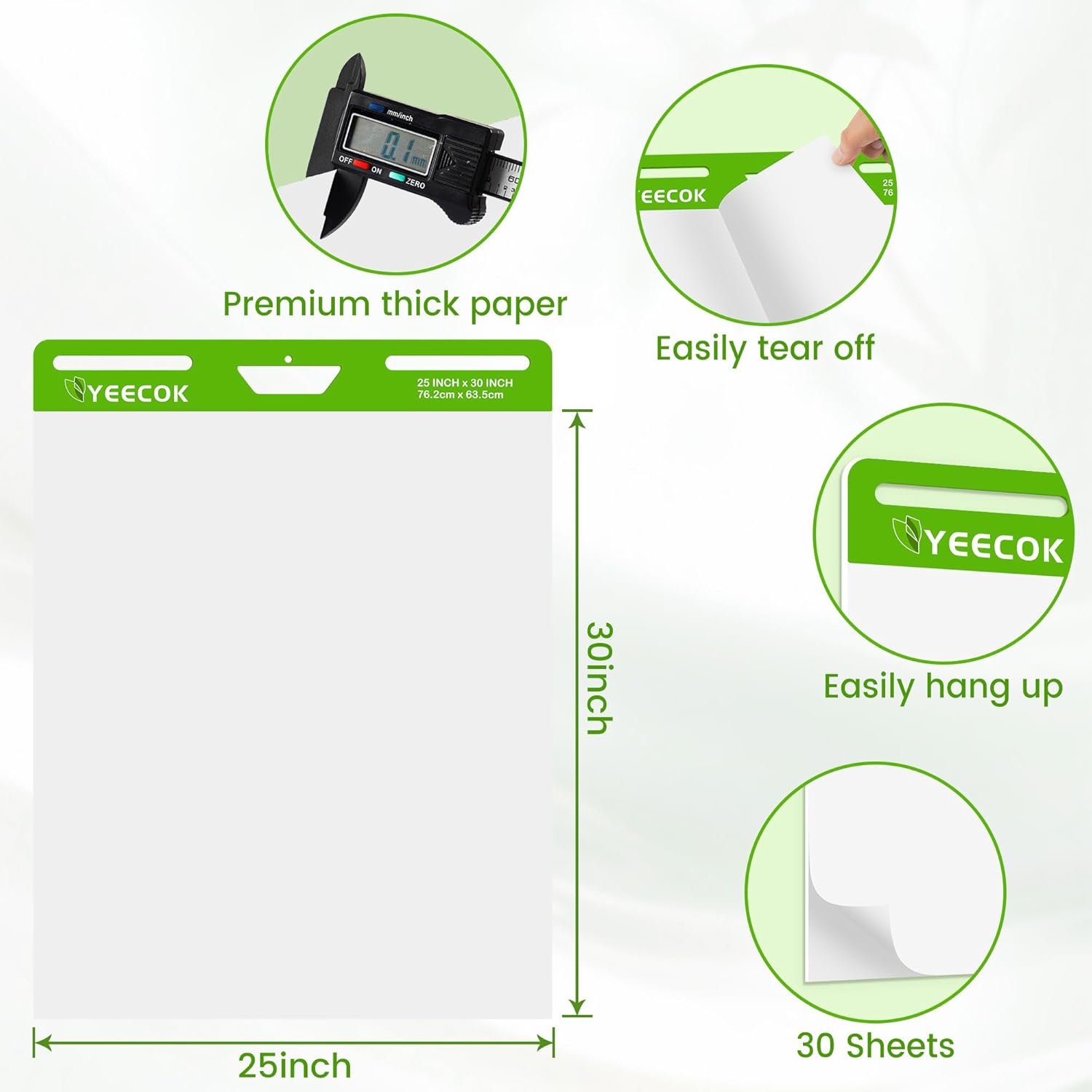 YEECOK Sticky Easel Pad 25 in x 30 in, 30 Sheets/Pad, 8 Pads/Pack, Sticky Flip Chart Paper for Teachers, Super Sticking Power & Bleed-Resistant