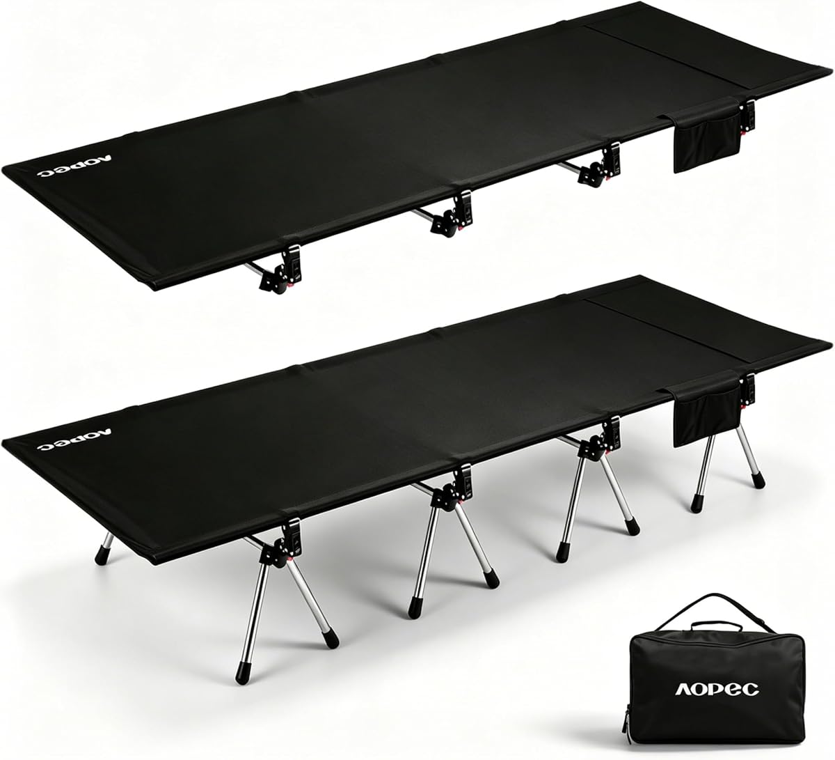 Cuna de camping extra larga de 87 pulgadas, marco de aluminio resistente de 440 libras, negro | Cuna de camping para adultos con extensores de piernas, cama de viaje ligera, tela Oxford 300D para camping, senderismo, viajes en coche