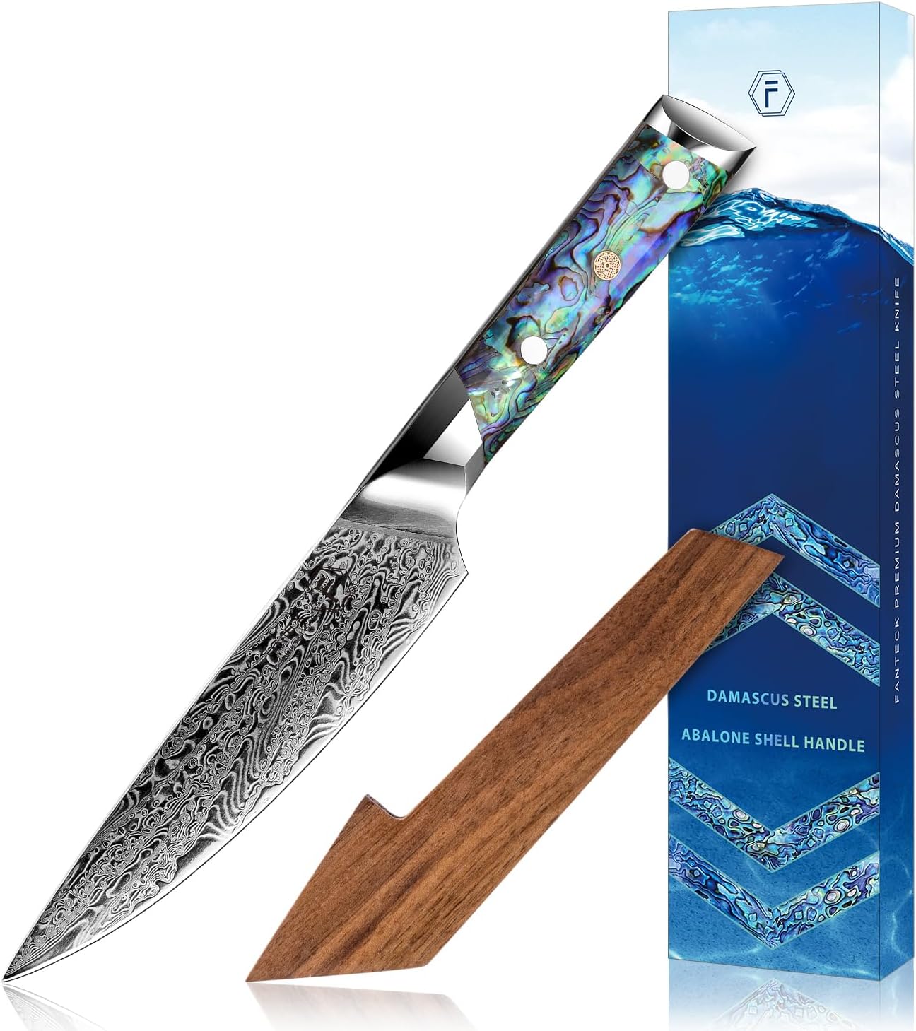 Fanteck Damascus 5 inch Chef Knife Utility Knife,Japanese VG10 Steel Kitchen Petty Knife,Professional Paring Knives High Carbon Super Sharp, 67-Layer with Full Tang Abalone Shell Handle & Wooden Cover