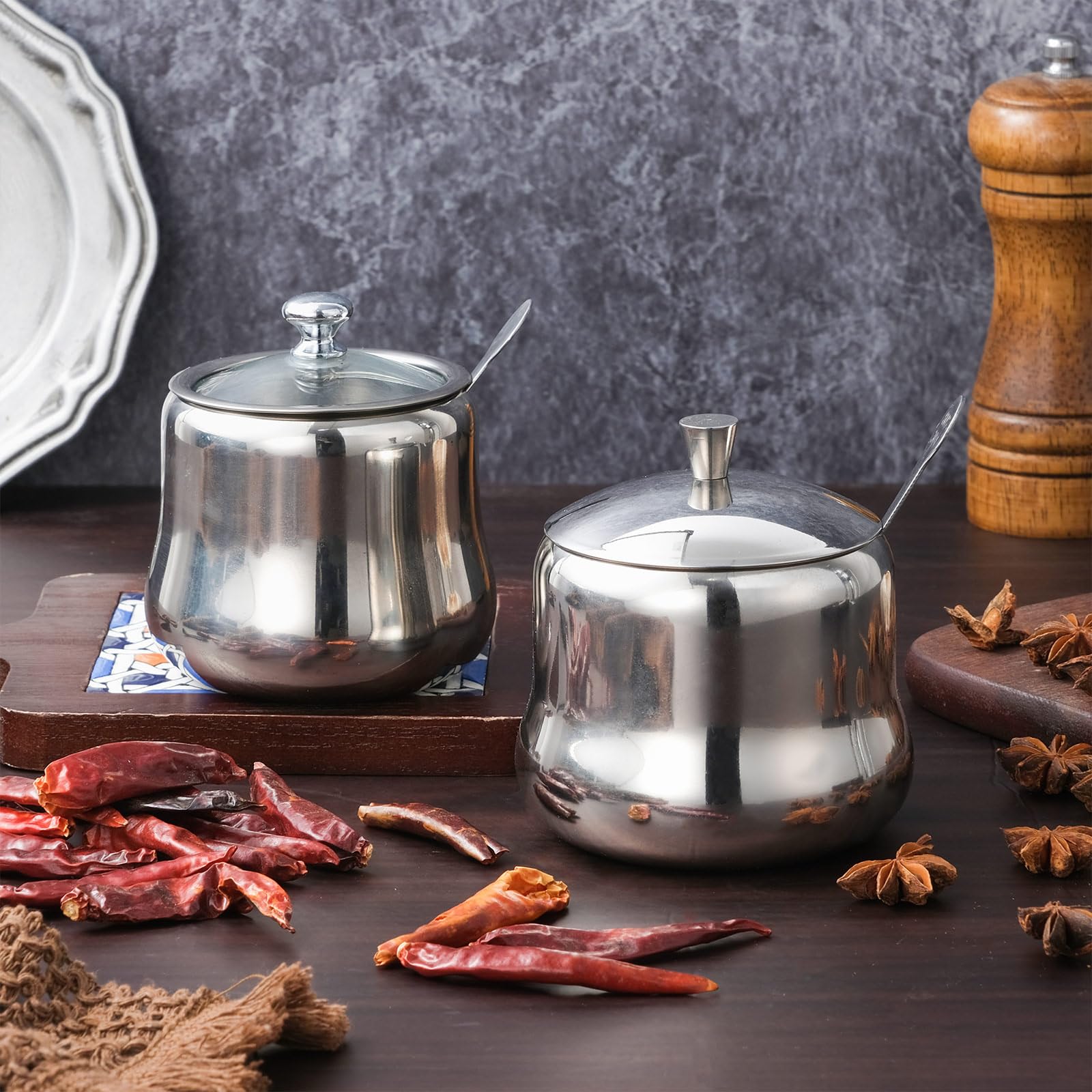 Azucarero decorativo de acero inoxidable de 12 onzas con cuchara y tapa de vidrio, pequeños tarros de especias para condimentos, olla de condimentos para cocina, mesa de café