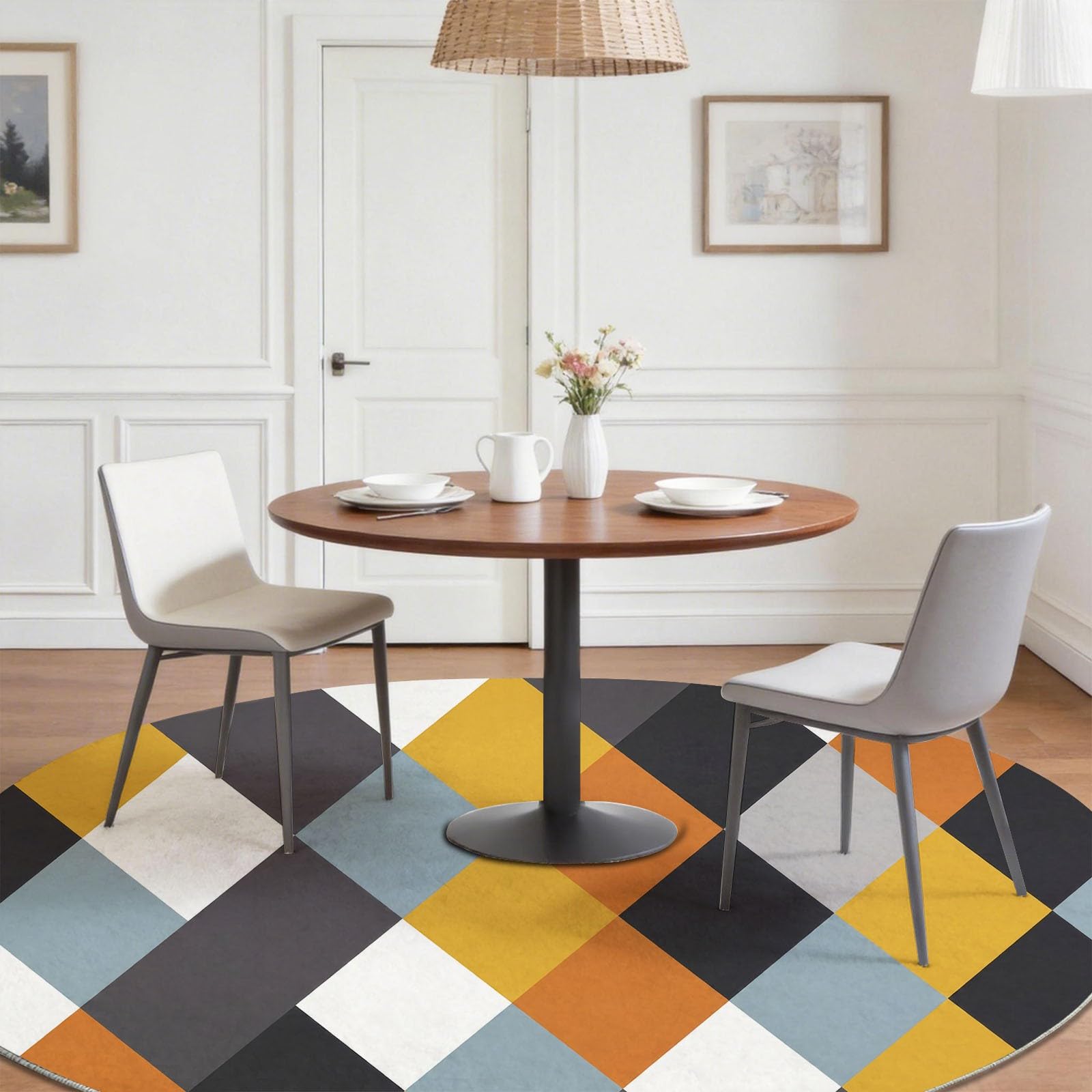 Generisch Argyle patchwork, nadający się do prania, okrągły, 150 cm, kolorowy, okrągły dywan do salonu, antypoślizgowy, do sypialni, shabby chic, z krótkim włosiem, okrągły dywan do korytarza