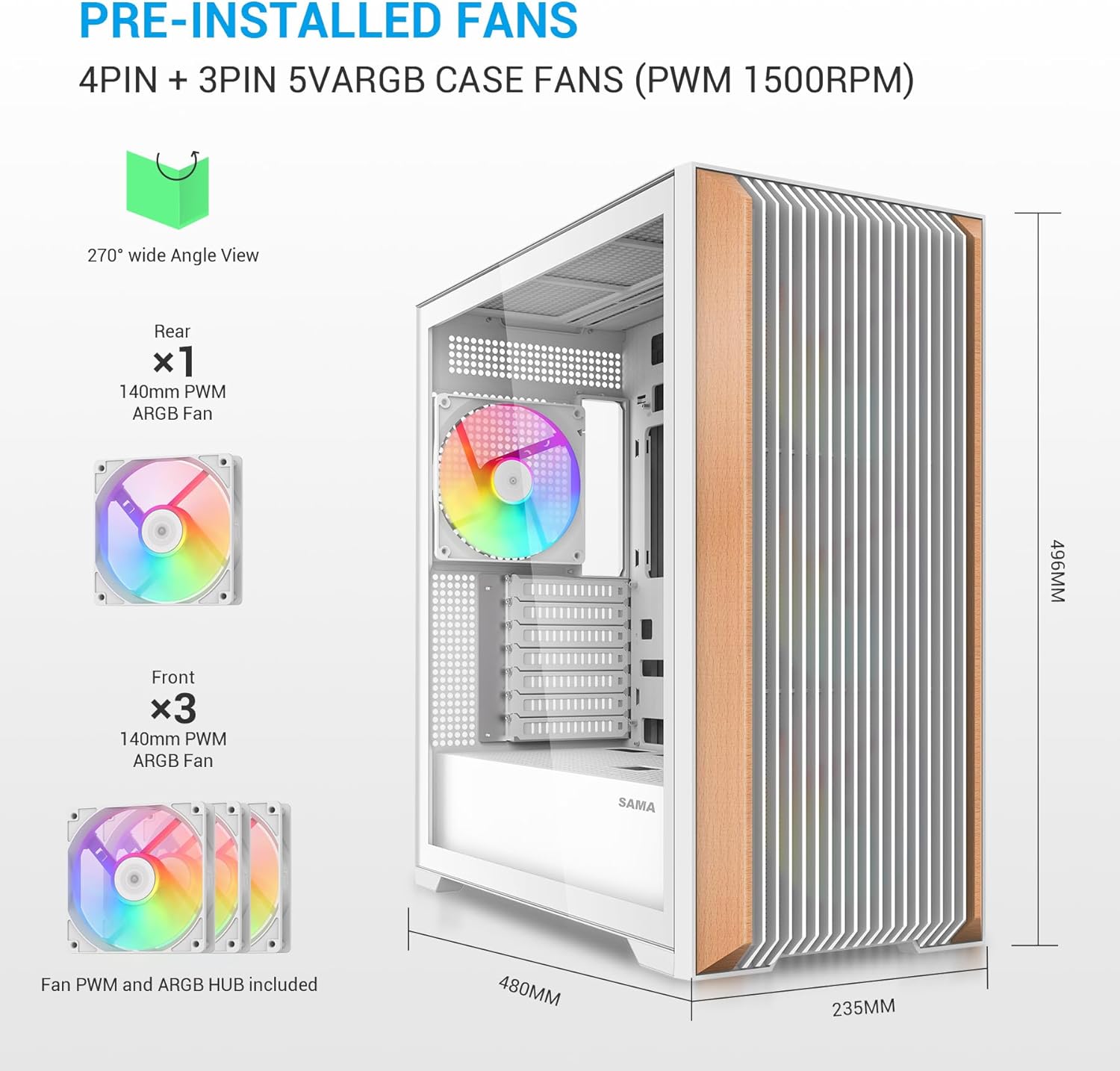 SAMA Z60 Genuine Walnut Wood PC Case, ATX Mid Tower PC Case, Pre-Installed 4X 140mm ARGB PWM Fans, Supports 360mm Radiator on Top, Type-C Port, Mid Tower Computer Case-White