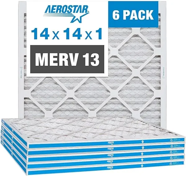 Aerostar 14x14x1 MERV 13 - 6 Count - Pleated HVAC, Furnace & Air Conditioner Filters - Removes Bacteria, Dust, Cold & Flu Germs, Lint, Mold, Pet Dander, Allergy-Causing Pollen, Smog, Smoke & Viruses