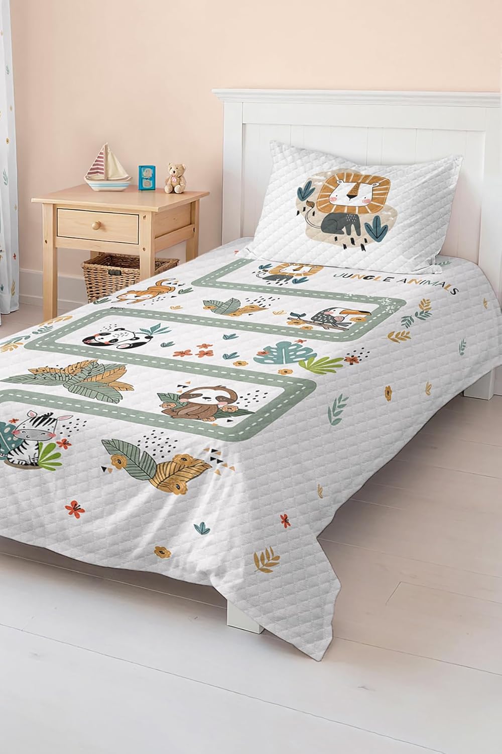 SODEF Quilt Set Forest Animals Pattern White Kids and Teens Room Bedspread, 2 Piece Cotton Polyester Blend, Breathable, Twin Size - Multicolor, One Size
