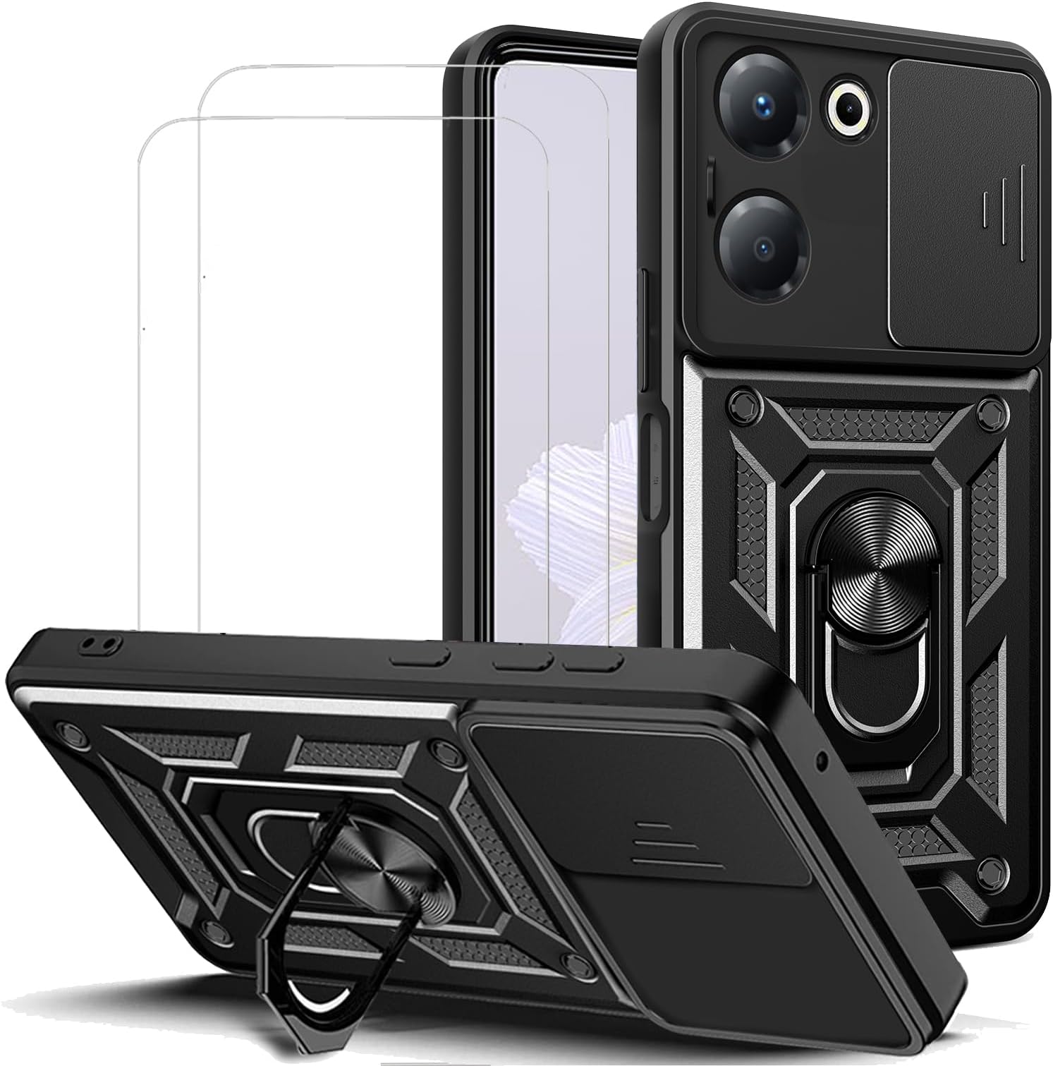 for Tecno Camon 20 Pro 5G Case with Camera Cover and Stand Kickstand Ring with Tempered Glass Screen Protector [2 pieces],Military Grade Shockproof Protective Cover, Black