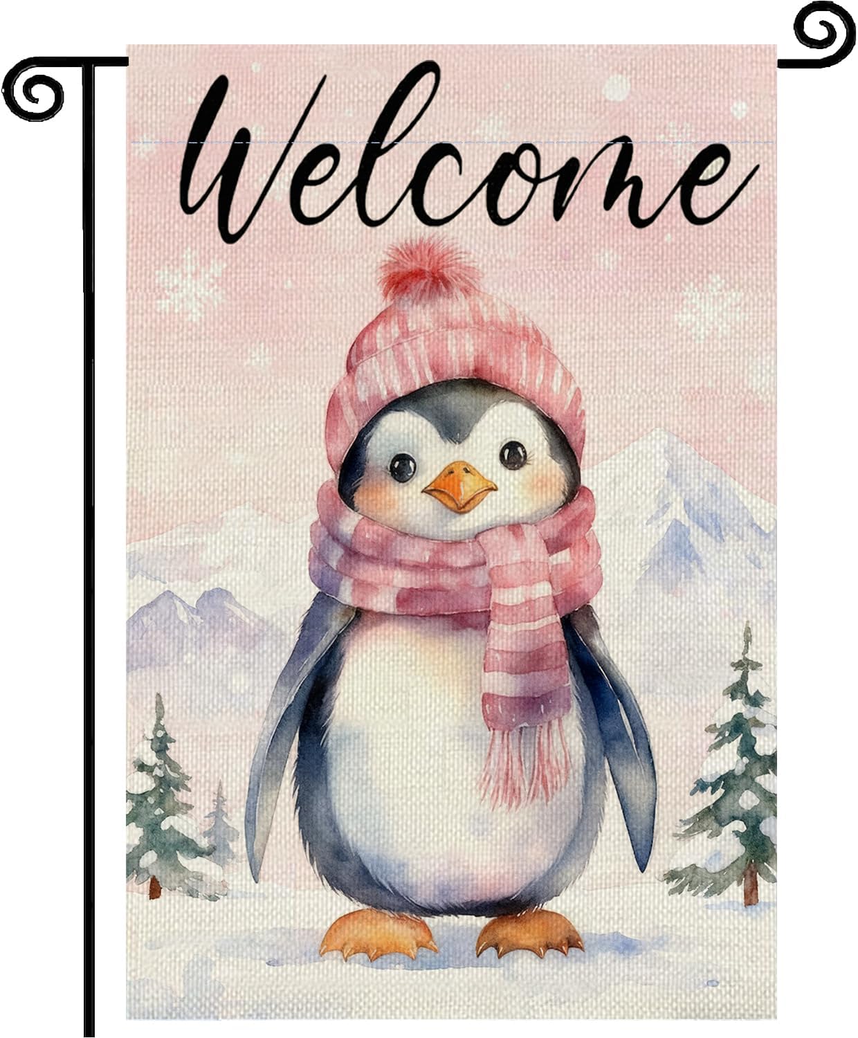 Pink Penguin Welcome Winter Garden Flag 12x18 Inch Double Sided,Cute Animal Snowflakes Trees Christams Farmhouse Small Burlap Seasonal Holiday Yard Outdoor Decor CBD033