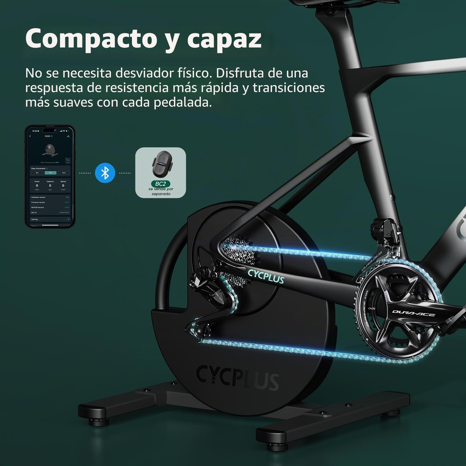 CYCPLUS R200 - Entrenador inteligente para bicicleta de interior, motor sin escobillas de 2200 W, simulador de gradiente del 19%, modo dual BLE y ANT+, cambio virtual, simulación cuesta arriba/cuesta