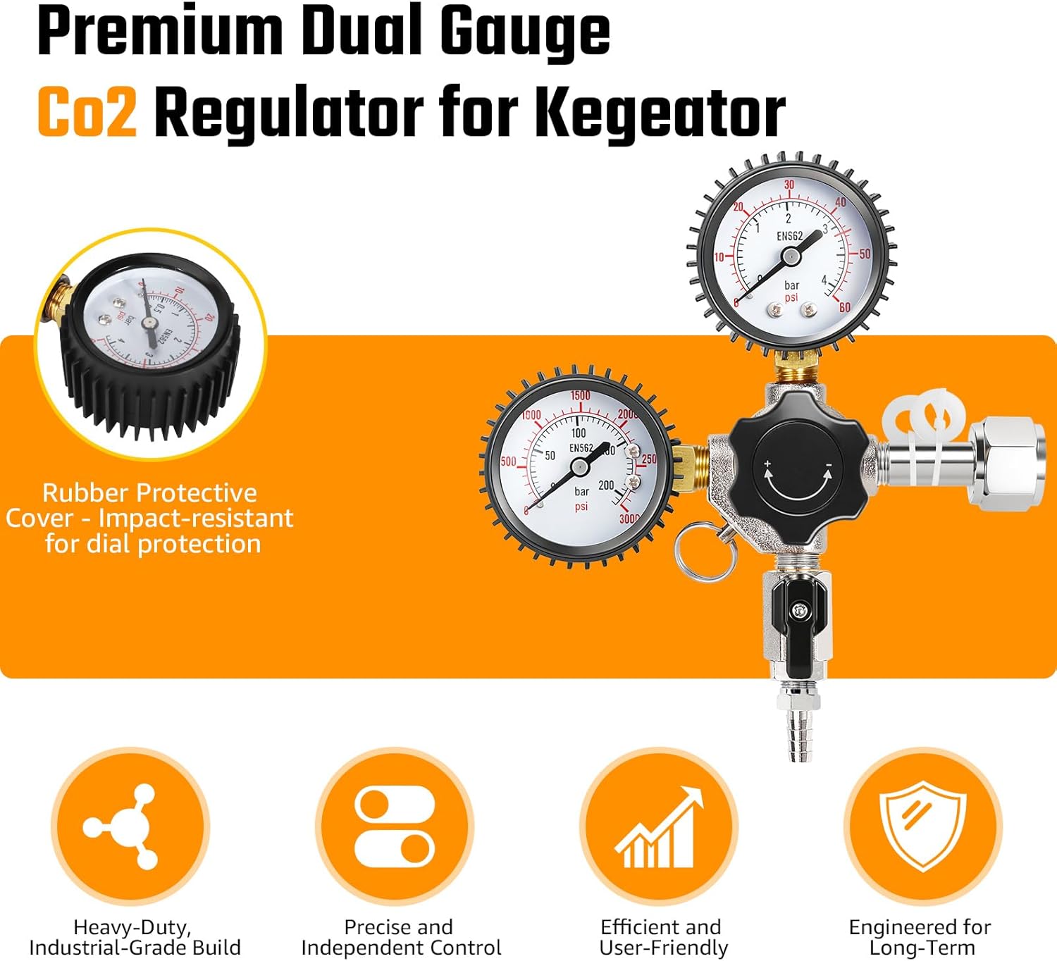 CGA-320 Kegerator Co2 Regulator, Dual Gauge Co2 Regulator for Kegerator Beer Keg Regulator Co2 Tank Pressure Regulator Kegerator Regulator with Safety Relief Valve for Co2 Cylinder Tank