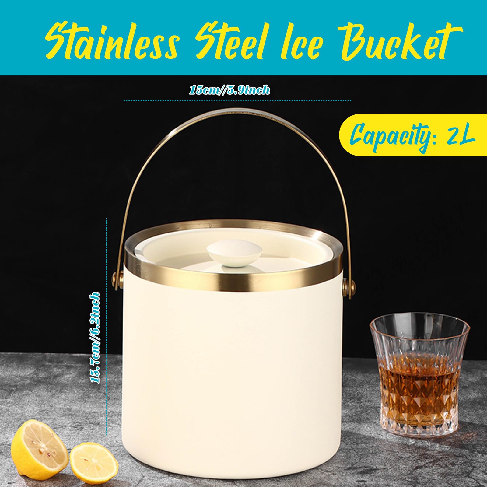 Cubitera de hielo aislada con tapa, acero inoxidable de doble pared, sellada al vacío para cócteles, cerveza y champán, ideal para bares, pubs, barbacoas y picnics (blanco)