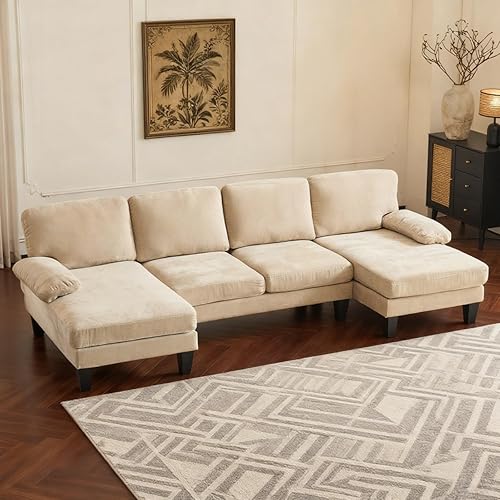 Karl home U-Shape Sectional Sofa Couch 111" Modern 4-Seat Sofa with Chaises Chenille Fabric Upholstered Covertible Couch with Wood Grain Legs for Living Room, Reception Room, Apartment, Khaki