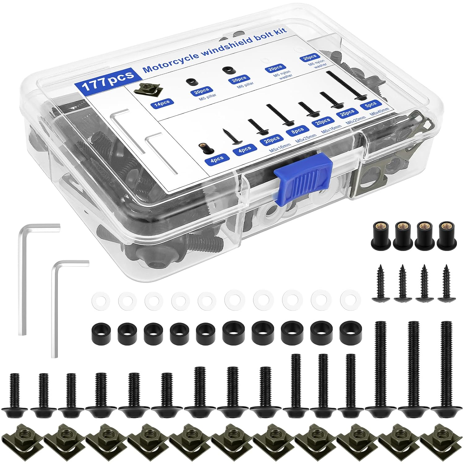 177Pcs Motorcycle Fairing Bolt Kit, M5 M6 Stainless Steel Windscreen Screws Fastener Clips Universal Fit for Motorcycle GSXR Ducati Suzuki Easy Install(Black,177)