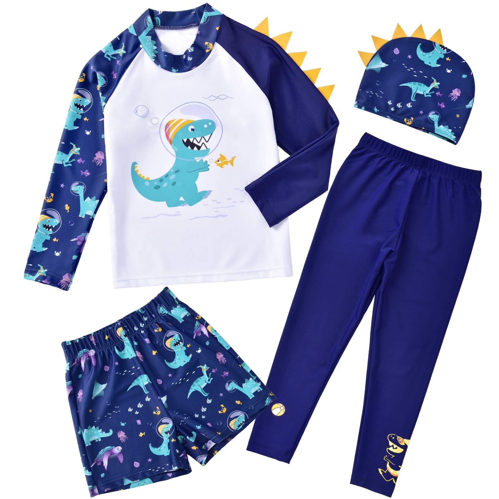 WAWSAM Toddler Dinosaur Swimsuit Kids Bathing Suit Dinosaur Boys Rash Guard with Hat Quick Dry Long Sleeve Swimwear Infant Swim Truck Rashguard Set for Swimming Beach Pool Vacation